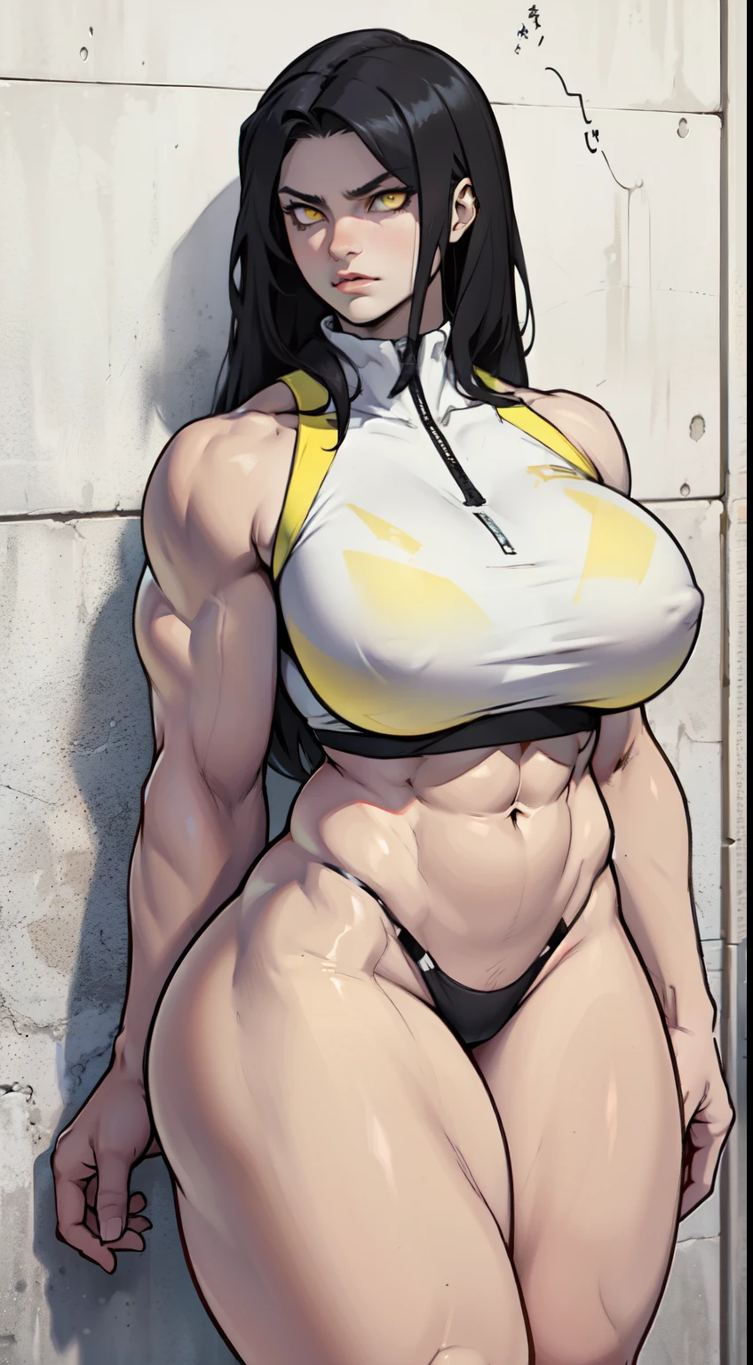 girl breasts huge muscles huge thighs solo girl black hair extremely long hair pale skin expressionless yellow eyes