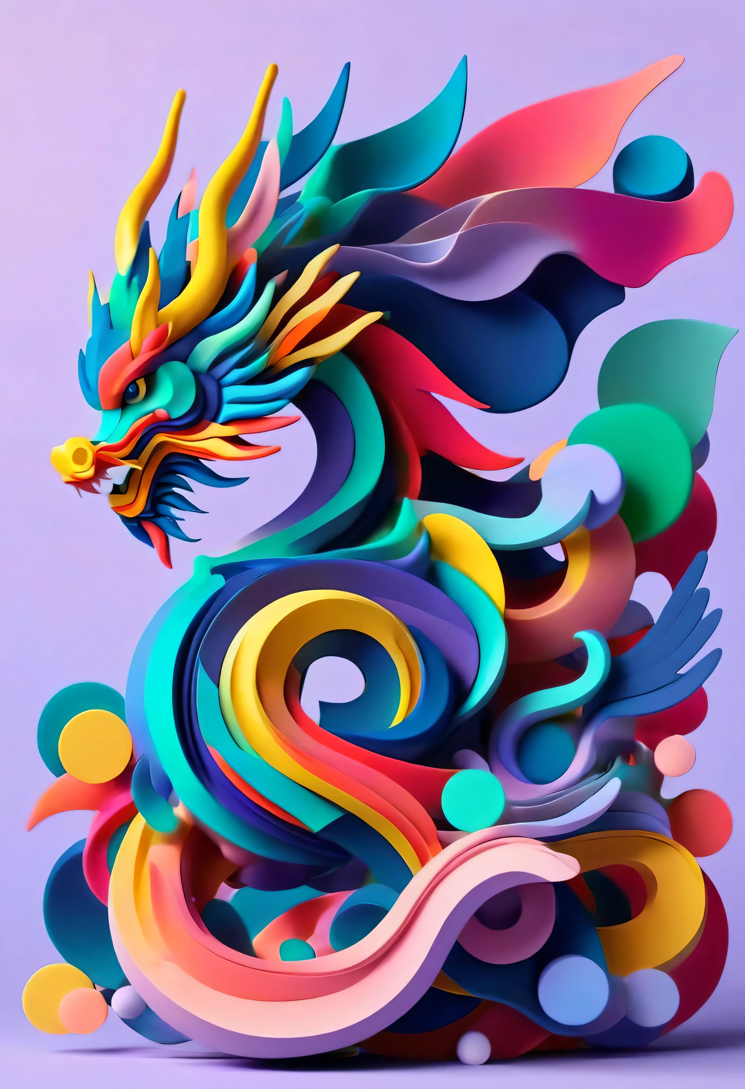 abstrgn dragon, minimalistic colourful organic forms, energy, assembled, layered, depth, alive vibrant, 3D, abstract, on a simple light purple background