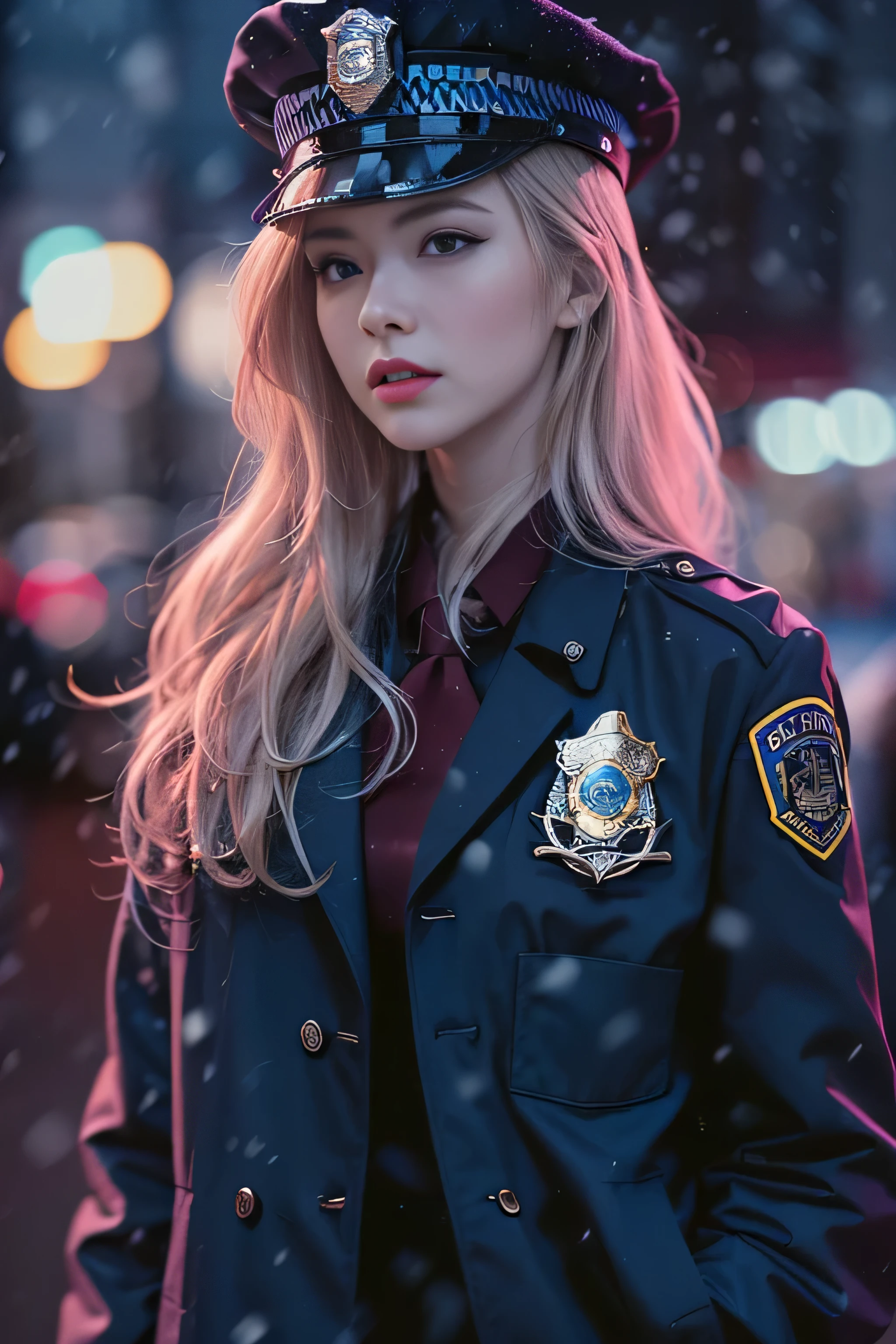 1 female、(american beauty:1.2)、(alone)、(super beautiful)、(beautiful face:1.5)、(detailed face:1.5)、(lipstick:1.1)、(eyeliner:1.2)、mascara、eye shadow、sex appeal、blue eyes、(blonde hair)、wavy hair、asymmetrical bangs、(new york police uniform:1.5)、(wear a uniform jacket:1.5)、(that'It's snowing:1.2)、street at night、Backlight、(medium shot:1.3)