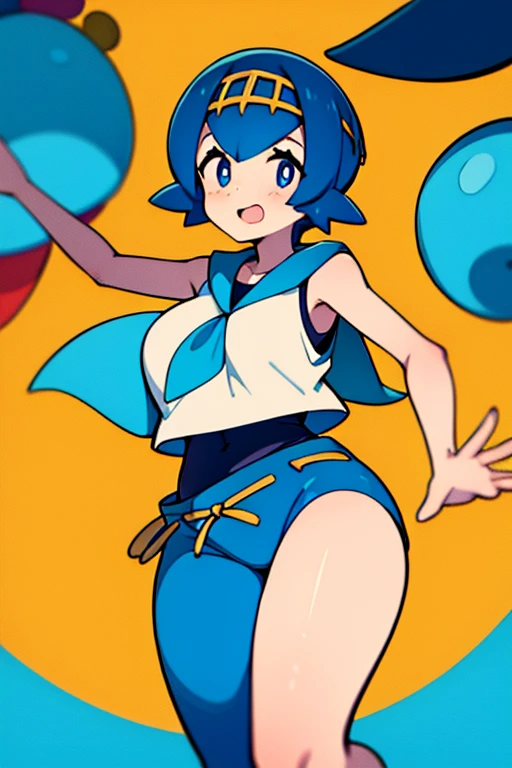 high quality, masterpiece, big tits, thick thighs, bent over, pkmnLana, white pupils, headband, blue sailor collar, sleeveless white shirt, swimsuit under clothes, blue pants