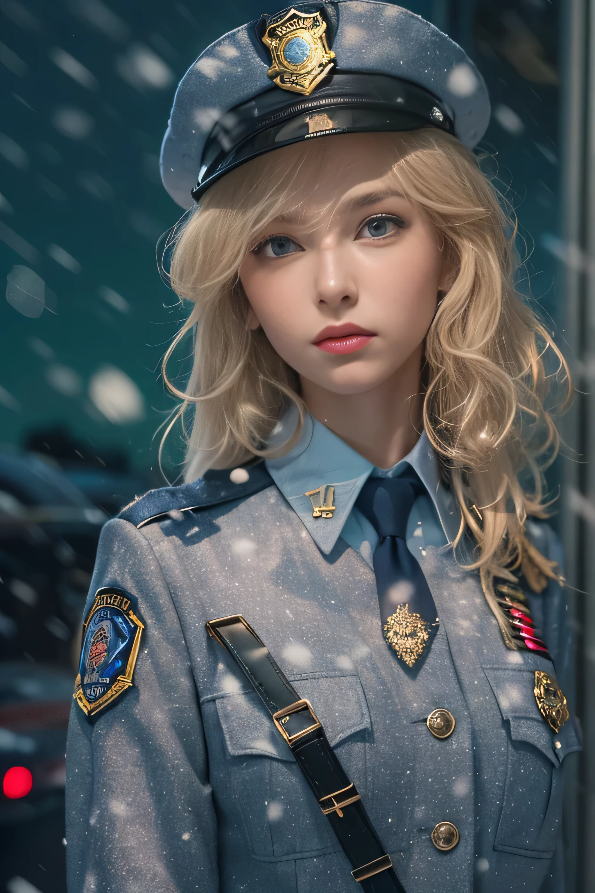1 female、(american beauty:1.2)、(alone)、(super beautiful)、(beautiful face:1.5)、(detailed face:1.5)、(lipstick:1.1)、(eyeliner:1.2)、mascara、eye shadow、sex appeal、blue eyes、(blonde hair)、wavy hair、asymmetrical bangs、(new york police uniform:1.5)、(wear a uniform jacket:1.5)、(that&#39;It&#39;s snowing:1.2)、street at night、Backlight、(medium shot:1.3)