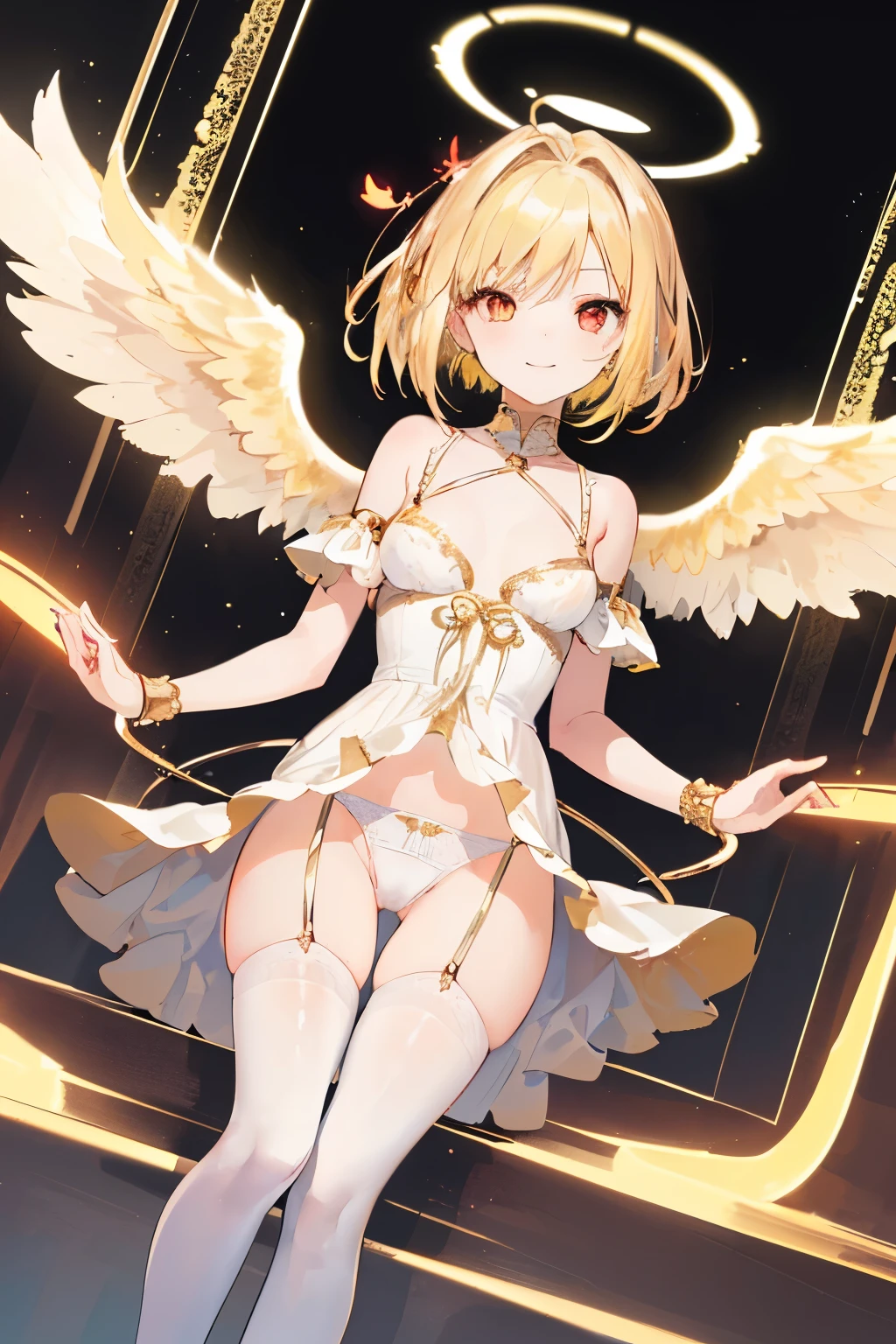 (((1girl))), ((best quality)), ((masterpiece)), ((ultra-detailed)), (illustration), (detailed light), (an extremely delicate and beautiful), (beautiful detailed eyes), (sunlight), ((extremely light)), ((extremely clothes)), (((hyper detail)))
(((adorable white lingerie))),
wavy short manish bob, ((((yellow gold hair)))), ((short hair)),
(((deep red eyes))),
((angel)), (((angel wings))), ((angel halo)),
(((whole body))), aged 13 to 16,
(((extra adorable))), (((extra slender shape))),
(((extremely beautiful detailed face))),
(mischievous smile with sexual satisfaction), (adorable smile),
(((condescending expression))),
(((floating on the magic circle))), (((((Dutch angle))))),
((())), ((from below)),
(((extremely thin thighs))), (((white stockings)))