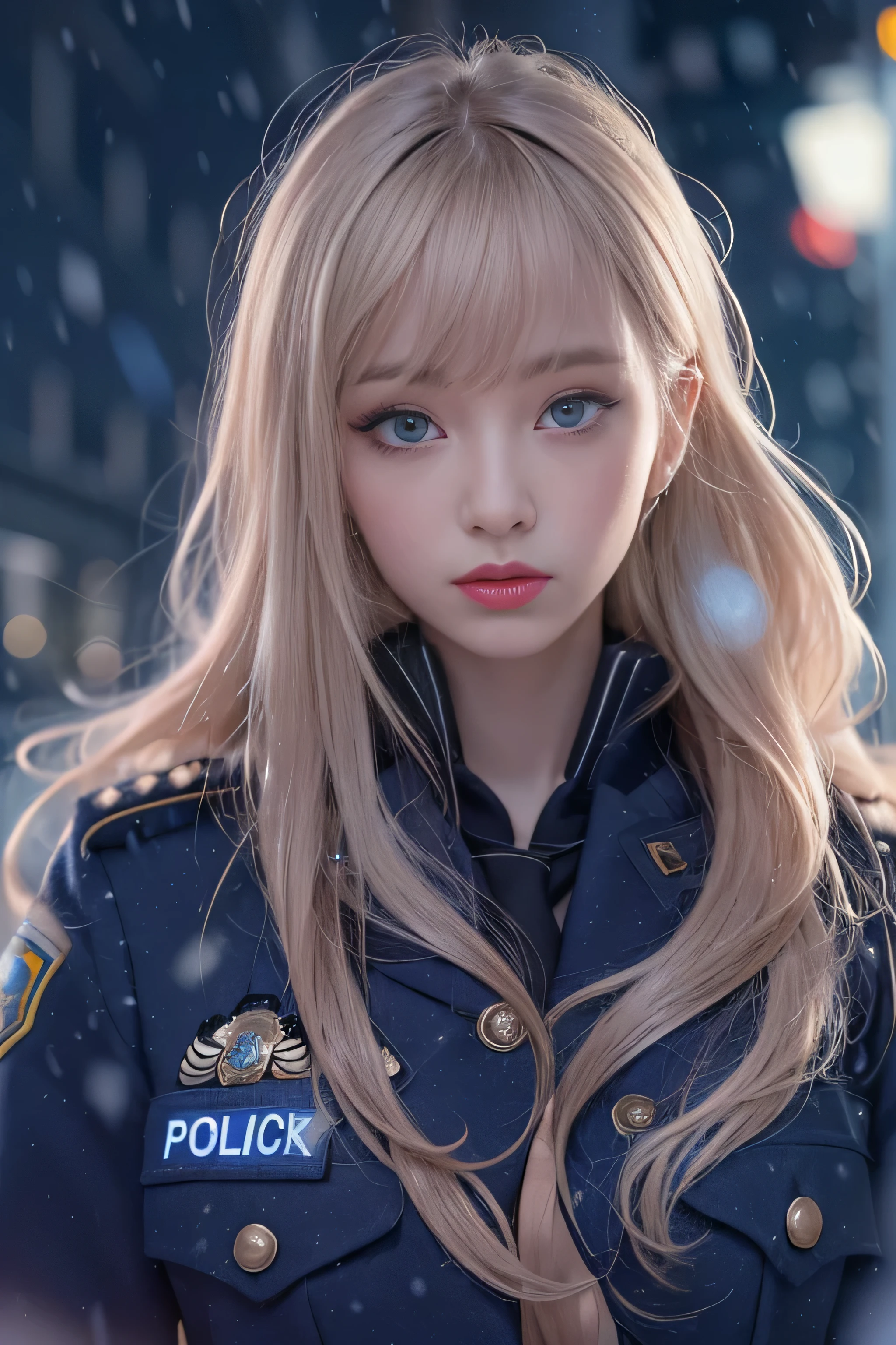 1 female、(american beauty:1.2)、(alone)、(super beautiful)、(beautiful face:1.5)、(detailed face:1.5)、(lipstick:1.1)、(eyeliner:1.2)、mascara、eye shadow、sex appeal、blue eyes、(blonde hair)、wavy hair、asymmetrical bangs、(new york police uniform:1.5)、(wear a uniform jacket:1.5)、(that&#39;It&#39;s snowing:1.2)、street at night、Backlight、(medium shot:1.3)