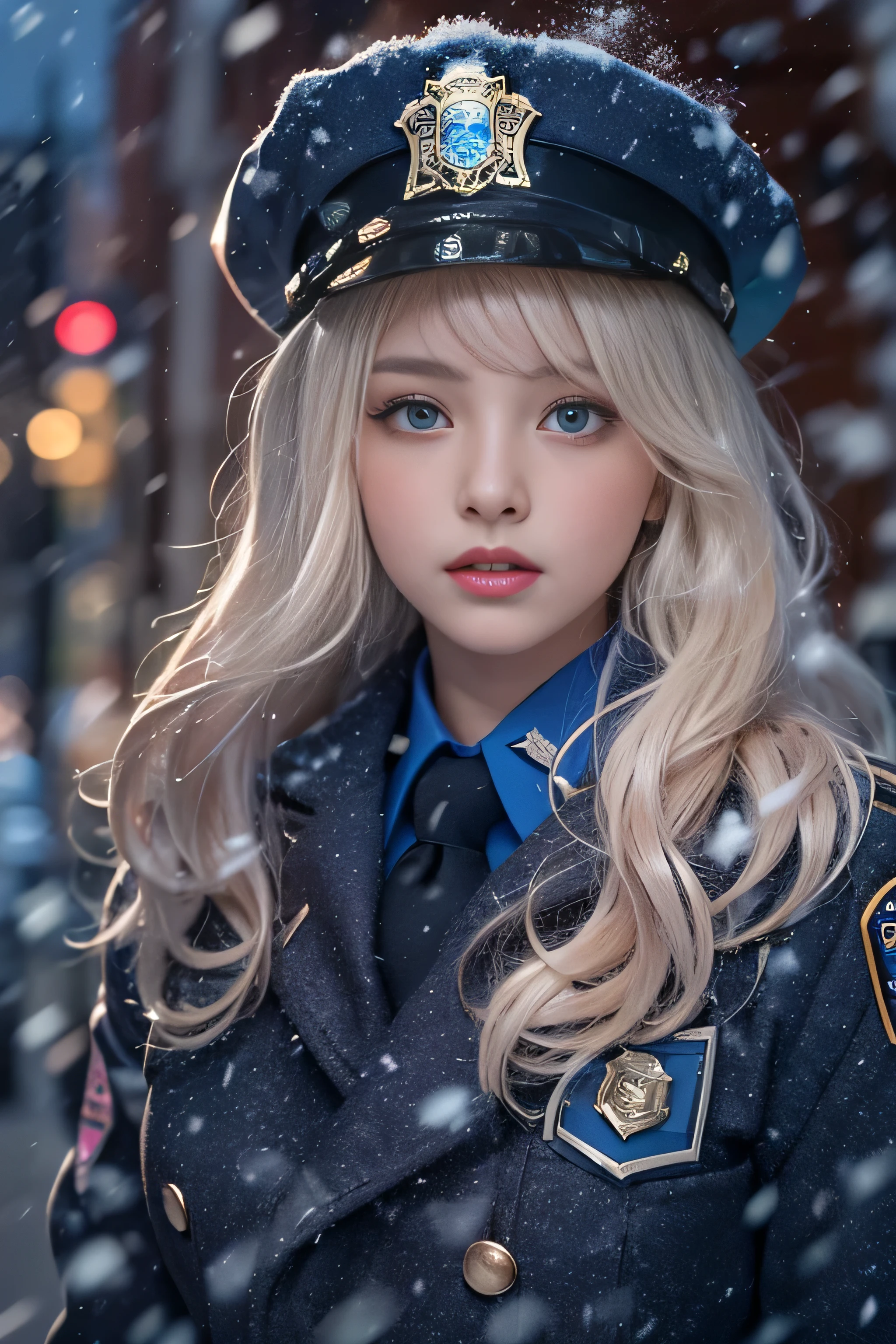 1 female、(american beauty:1.2)、(alone)、(super beautiful)、(beautiful face:1.5)、(detailed face:1.5)、(lipstick:1.1)、(eyeliner:1.2)、mascara、eye shadow、sex appeal、blue eyes、(blonde hair)、wavy hair、asymmetrical bangs、(new york police uniform:1.5)、(wear a uniform jacket:1.5)、(that&#39;It&#39;s snowing:1.2)、street at night、Backlight、(medium shot:1.3)
