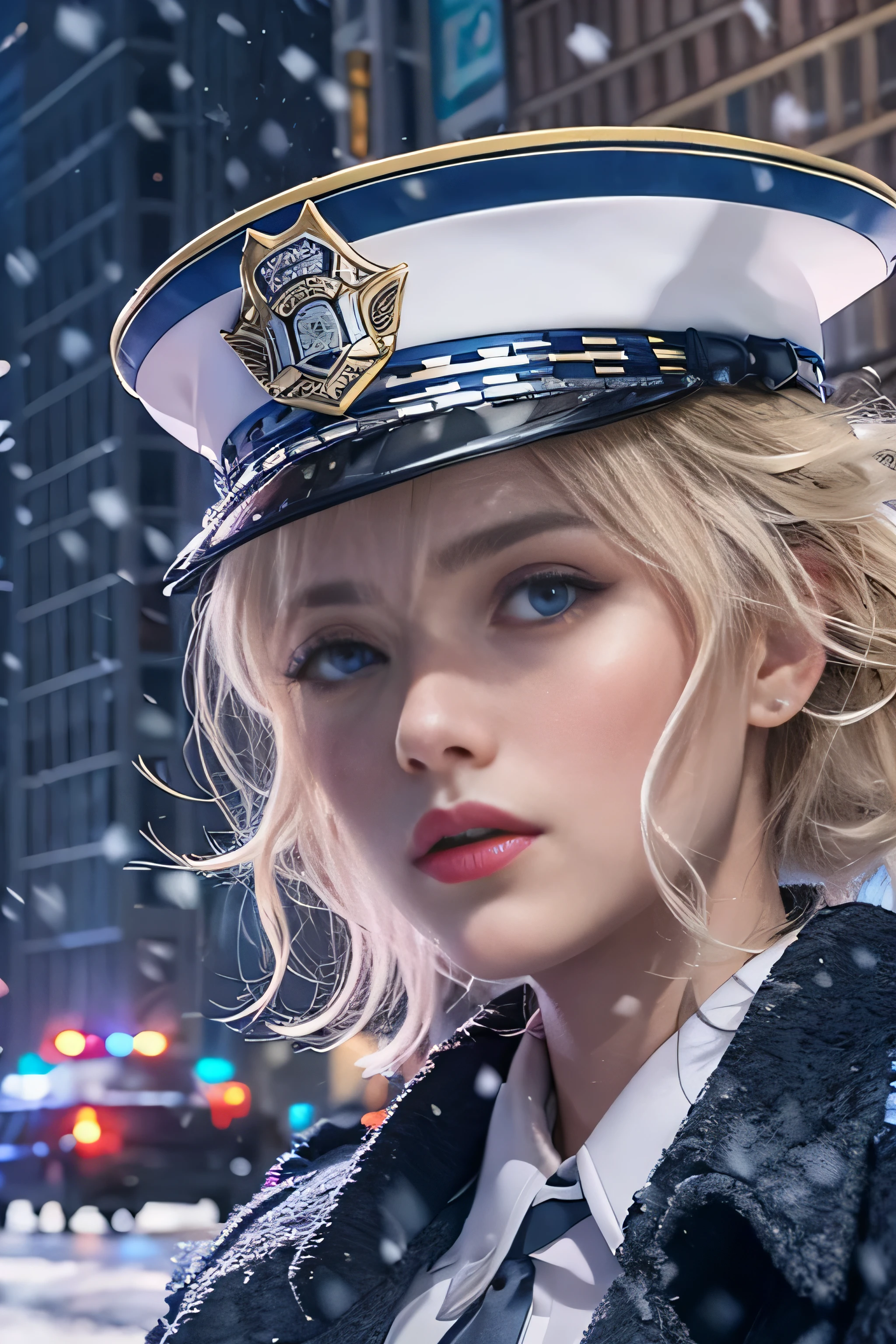 1 female、(american beauty:1.2)、(alone)、(super beautiful)、(beautiful face:1.5)、(detailed face:1.5)、(lipstick:1.1)、(eyeliner:1.2)、mascara、eye shadow、sex appeal、blue eyes、(blonde hair)、wavy hair、asymmetrical bangs、(new york police uniform:1.5)、(wear a uniform jacket:1.5)、(that'It's snowing:1.2)、street at night、Backlight、(medium shot:1.3)