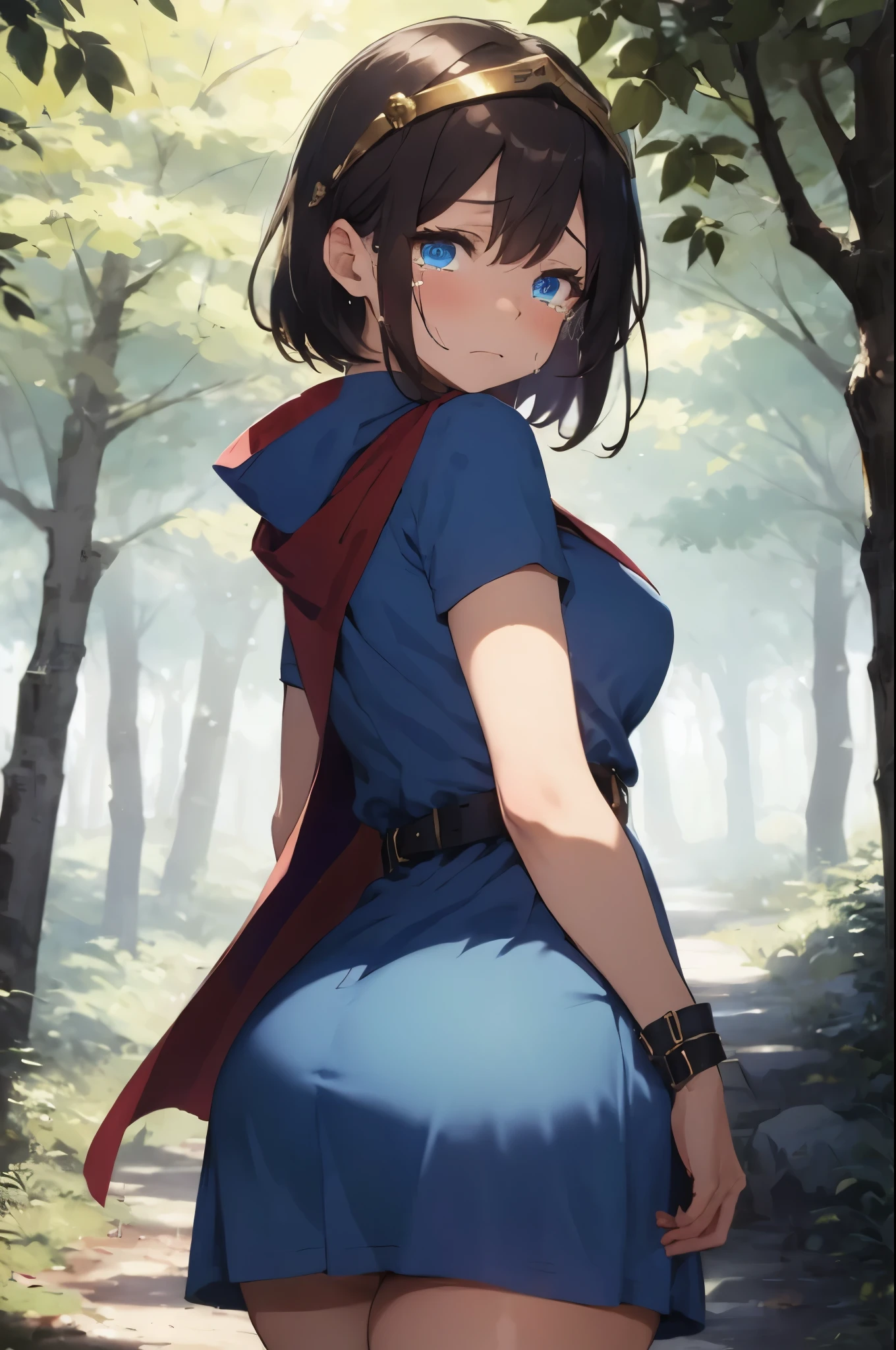 (masterpiece:1.1, Best Quality:1.1, 16K HDR:1.1, High resolution:1.1), (sheathed weapon on back:1.2), roto (DQ3), 1girl in, Solo, Short hair, Brown hair, Blue eyes, ((circlet)), medium breasts, (blue dress:1.5), Purple Cape, ((thick thighs)), elbow groves, long boots, Belt bag, scabbard,, knee boots,  In an deep forest near lake, (half closed eyes, troubled face, tears, closed mouth,) view from below, upper knee, looking back, huge butt