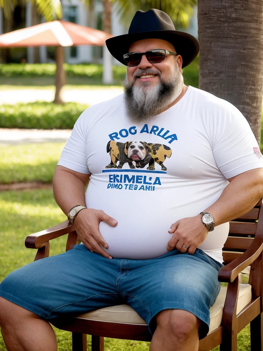 Uma luz amarelada de fim de tarde ilumina o corpo e o ambiente, Wear fashionable clothes with dog prints or puppy designs on the t-shirt,alta qualidade,altamente detalhado,cena intensa, solid, Gritty reality scenario for a 52 year old sexy and fat bearded man full of sweat full body big belly only he is wearing prescription glasses or Sport glasses in the image, barbudo, barba cheia, barba longa

 , smiling Laughing expression of great happiness, wearing a hat or wearing a hat on the head, ((ele usa apenas no corpo cueca box com detalhes branco)),rosto atordoado,Abra as pernas, Florida square environment luxurious outdoor place, He walks his English Cocker Spaniel or English Bulldog, Dalmatians, collie, Maltese, he affectionately holds the dog in his arm or holds him petting him on his lap.