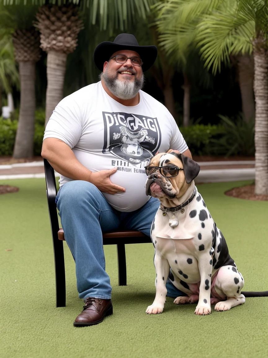 Uma luz amarelada de fim de tarde ilumina o corpo e o ambiente, Wear fashionable clothes with dog prints or puppy designs on the t-shirt,alta qualidade,altamente detalhado,cena intensa, solid, Gritty reality scenario for a 52 year old sexy and fat bearded man full of sweat full body big belly only he is wearing prescription glasses or Sport glasses in the image, barbudo, barba cheia, barba longa
, smiling Laughing expression of great happiness, wearing a hat or wearing a hat on the head, ((ele usa apenas no corpo cueca box com detalhes branco)),rosto atordoado,Abra as pernas, Florida square environment luxurious outdoor place, He walks his English Cocker Spaniel or English Bulldog, Dalmatians, collie, Maltese, he affectionately holds the dog in his arm or holds him petting him on his lap.