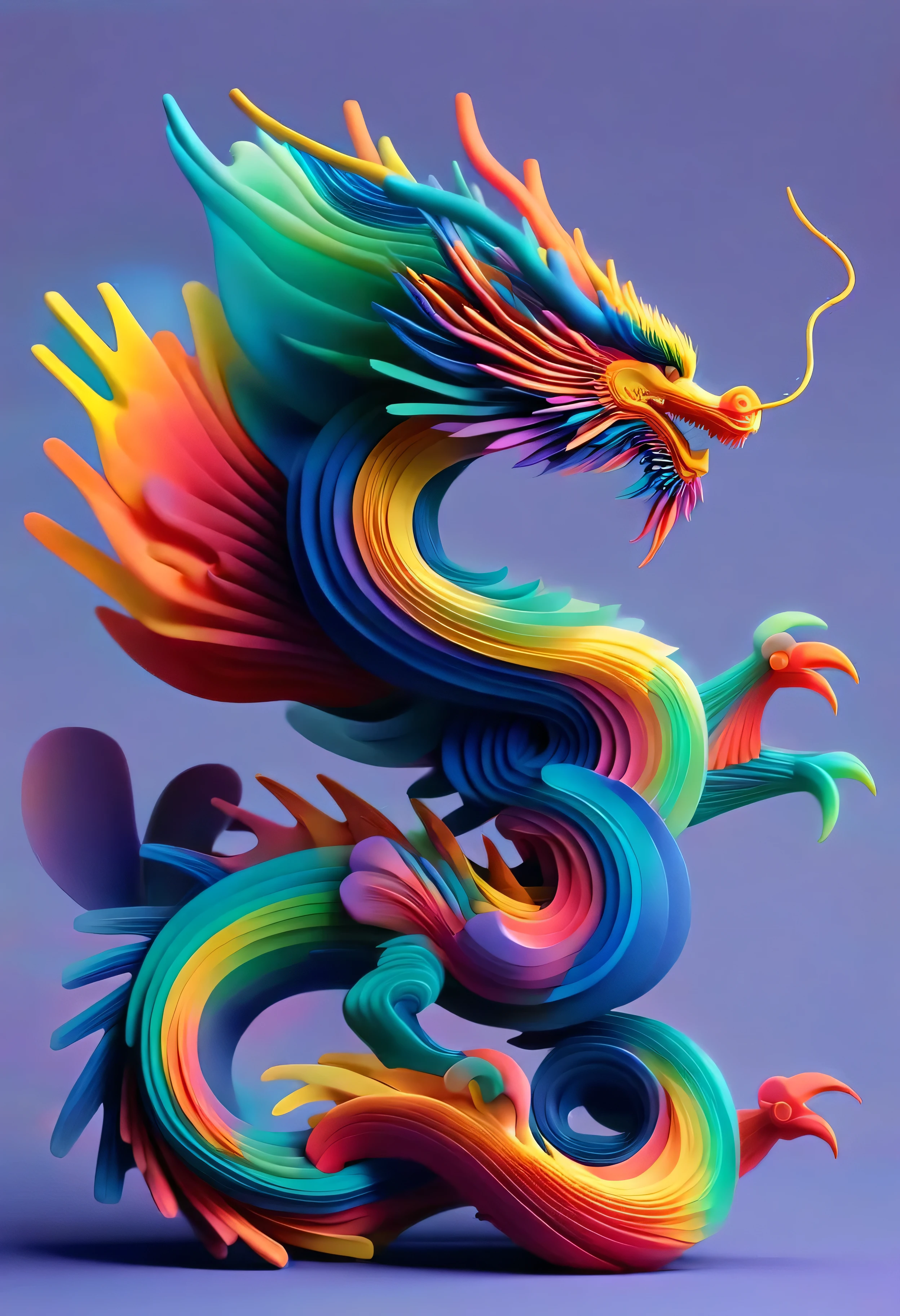 abstrgn dragon from a side view, minimalistic colourful organic forms, energy assembled, layered, depth, alive vibrant, 3D, abstract, full body, no humans, powerful claws, majestic tail, sweeping intricate horns, floating particles, eastern dragon, shadow