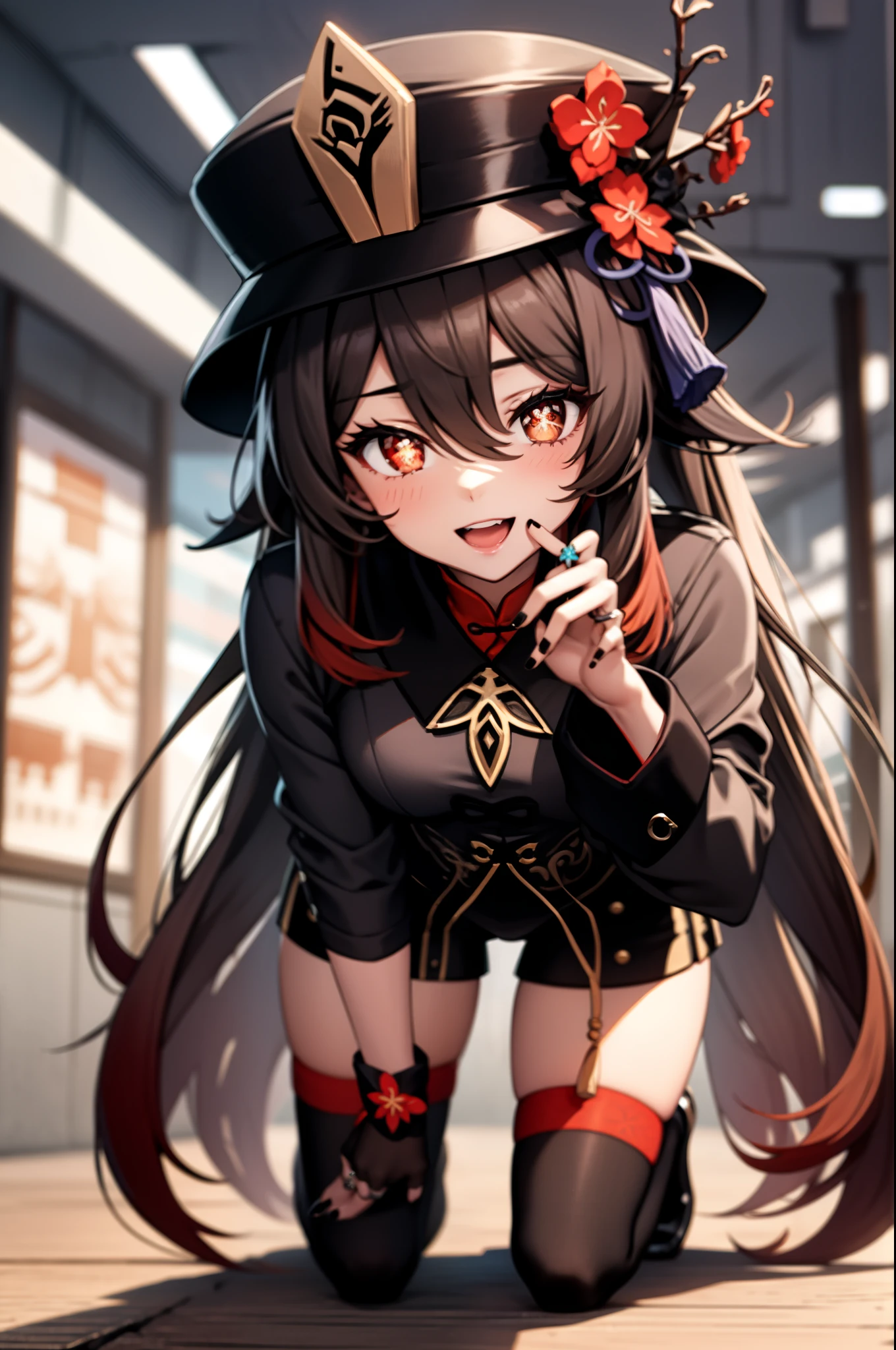 masterpiece, best quality, HuTaoV4, 1girl, solo, looking at viewer, symbol-shaped pupils, flower shaped pupils, blush, smile, open mouth, long sleeves, hat, jewelry, flower, thighs, shorts, socks, nail polish, black headwear, chinese clothes, black shorts, ring, all fours, black nails, hat flower,