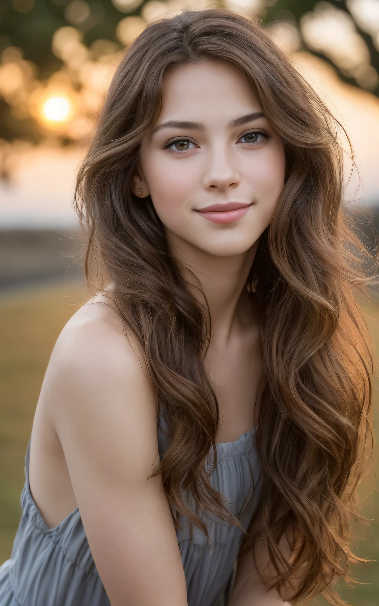 (masterpiece), photorealistic, cute face, full body, sunset, cinematic, canon lens f1.4, (romantic movie picture style), fine eyes, long brown messy hair, perfect anatomy, little smile, slightly open mouth, cute sexy, pleasure, (frame the head), Centered image, stone statues on background, dark fantasy style, medieval aesthetic, luminism, 8 life size, 8k Resolution, human hands, wonderfull, elegant, approaching perfection, dynamic, by Steve Hanks, highly detailed, facing directly at the viewer, stunningly beautiful, detailed hairstyle,