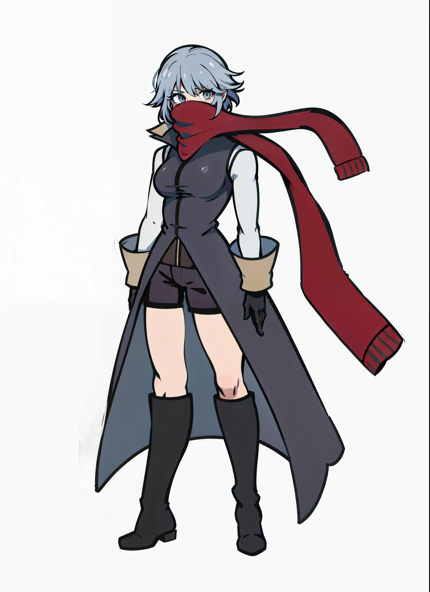 un dessin animé d&#39;une femme dans un long manteau et des bottes, Assassin féminin rouge, ( ( porter un long manteau ) ), tout le corps with costume, tout le corps adoptable, tout le corps concept, Ryuko Matoi, anime femme art complet du corps, inspiré par Jin Homura, tout le corps!, tout le corps black and red longcoat, single character tout le corps