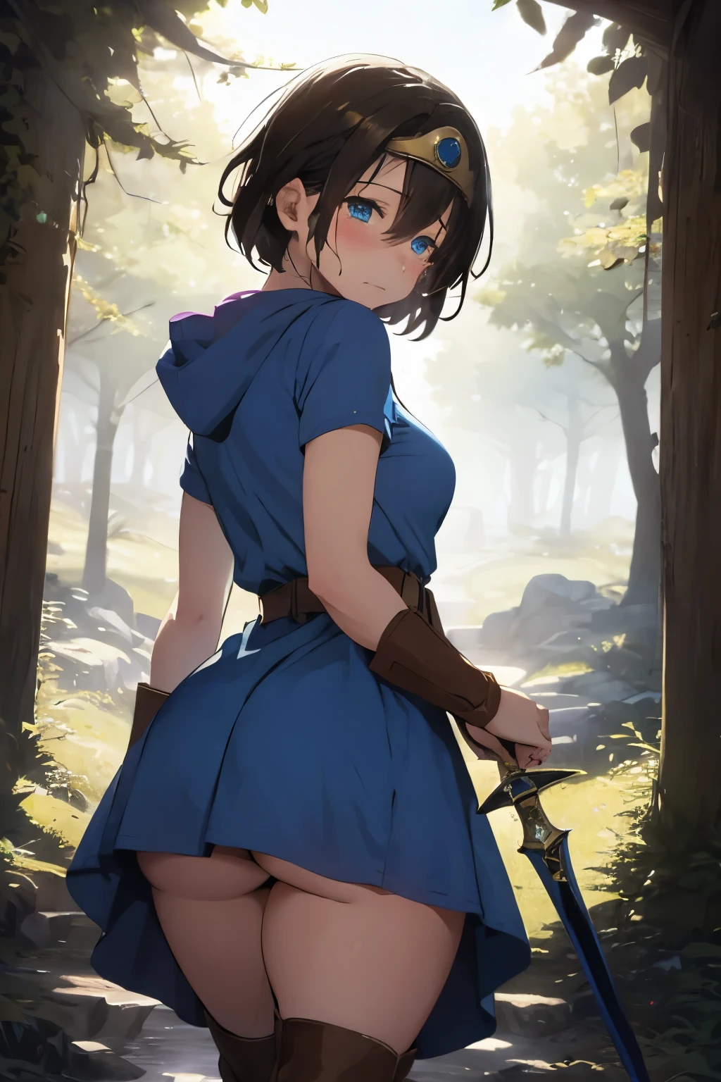 (masterpiece:1.1, Best Quality:1.1, 16K HDR:1.1, High resolution:1.1), (sheathed weapon on back:1.2), roto (DQ3), 1girl in, Solo, Short hair, Brown hair, Blue eyes, ((circlet)), medium breasts, (blue dress:1.5), Purple Cape, ((thick thighs)), elbow groves, long boots, Belt bag, scabbard,, knee boots,  In an deep forest near lake, (half closed eyes, troubled face, tears, closed mouth,) view from below, upper knee, looking back, huge butt