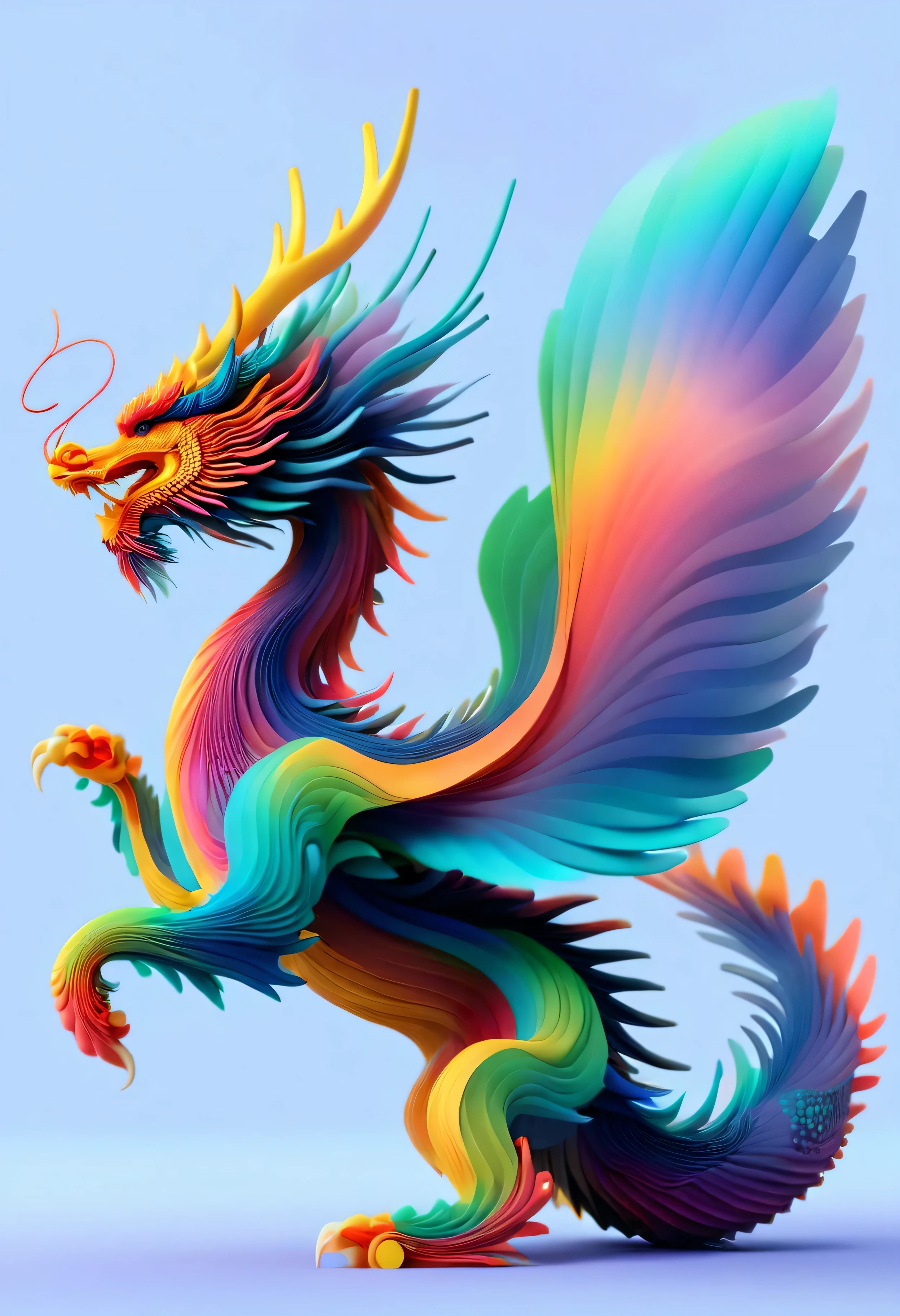 dragon from a side view, minimalistic colourful organic forms, energy assembled, layered, depth, alive vibrant, 3D, abstract, full body, no humans, powerful claws, majestic tail, sweeping intricate horns, floating particles, eastern dragon, shadow