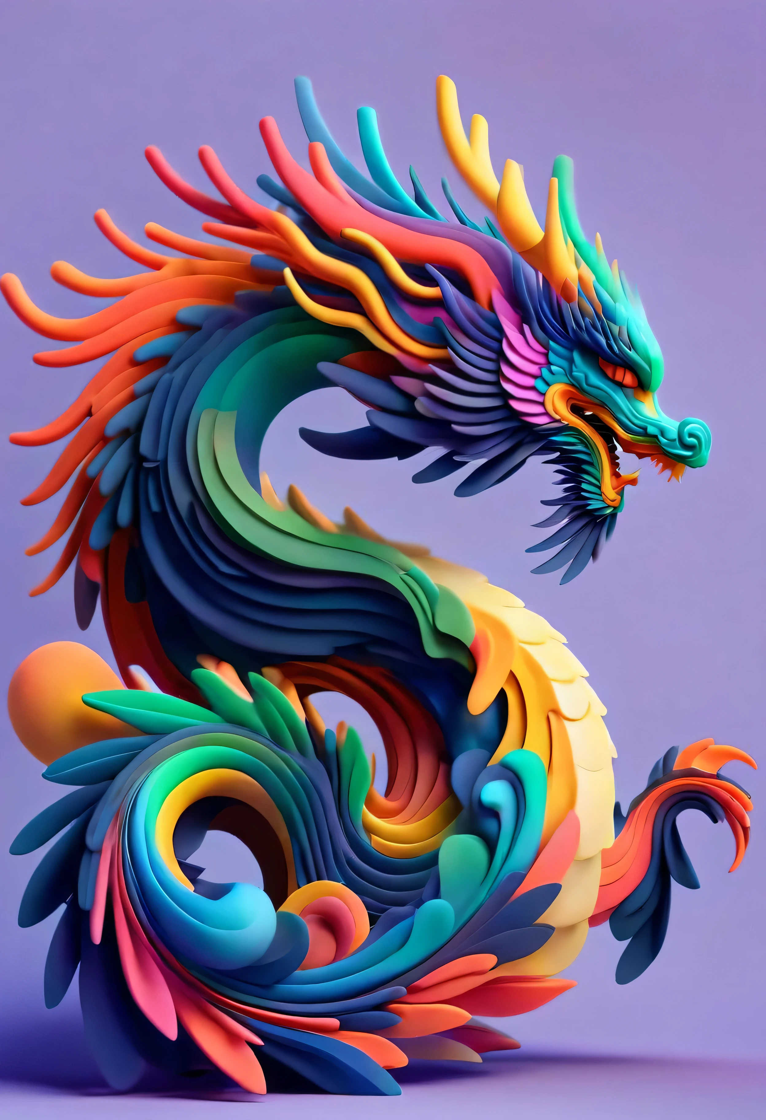 dragon from a side view, minimalistic colourful organic forms, energy assembled, layered, depth, alive vibrant, 3D, abstract, full body, no humans, powerful claws, majestic tail, sweeping intricate horns, floating particles, eastern dragon, shadow