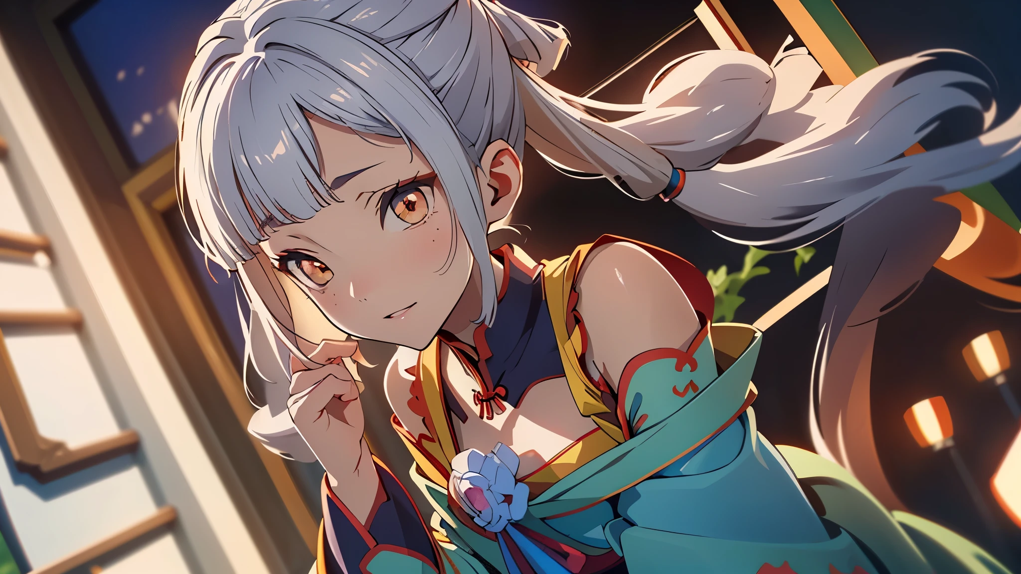 A young China girl , white hair , orange eyes  , smile with tear, pinky promise, Chinese empress clothes, hanfu, blue dress, bare shoulders, detached collar, detached sleeves, long sleeves, puffy sleeves, Twintail, ahoge, yellow_eyes, Sitting in the throne , Chinese Palace, Sakura Fall, Leaf Fall, Autumn Season, ((Best quality)), ((masterpiece)), 3D, HDR (High Dynamic Range),Ray Tracing, NVIDIA RTX, Super-Resolution, Unreal 5,Subsurface scattering, PBR Texturing, Post-processing, Anisotropic Filtering, Depth-of-field, Maximum clarity and sharpness, Multi-layered textures, Albedo and Specular maps, Surface shading, Accurate simulation of light-material interaction, Perfect proportions, Octane Render, Two-tone lighting, Wide aperture, Low ISO, White balance, Rule of thirds,8K RAW, Aura, masterpiece, best quality, Mysterious expression, magical effects like sparkles or energy, flowing robes or enchanting attire, mechanic creatures or mystical background, rim lighting, side lighting, cinematic light, ultra high res, 8k uhd, film grain, best shadow, delicate, RAW, light particles, detailed skin texture, detailed cloth texture, beautiful face, (masterpiece), best quality, expressive eyes, perfect face,nikkeredhood,hair over one eye,marian,Scarlet (nikke),hellsparadise style,fuyumi