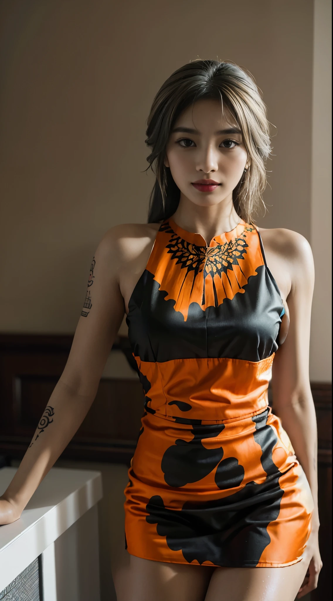 wearing a typical Indonesian black layered orange batik dress