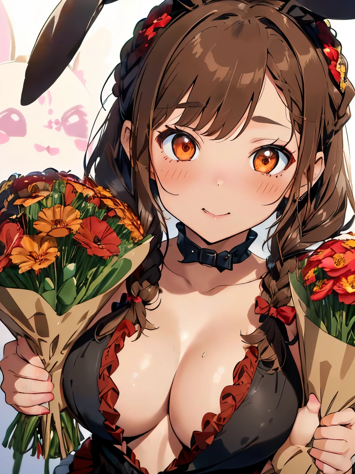 ((light brown hair)),((brown eyes)),((Braided shorthair)),((With bangs)),((fashion//Red and black costume like a bunny girl:1.3)),((Have a large bouquet)),((lots of flowers:1.35)),(blush),((sexy face:1.2)),(close up of face:1.3),((celebration)),(NSFW),