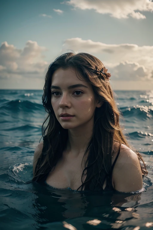 mermaid with long hair in the sea, realistic, detailed, cinematic