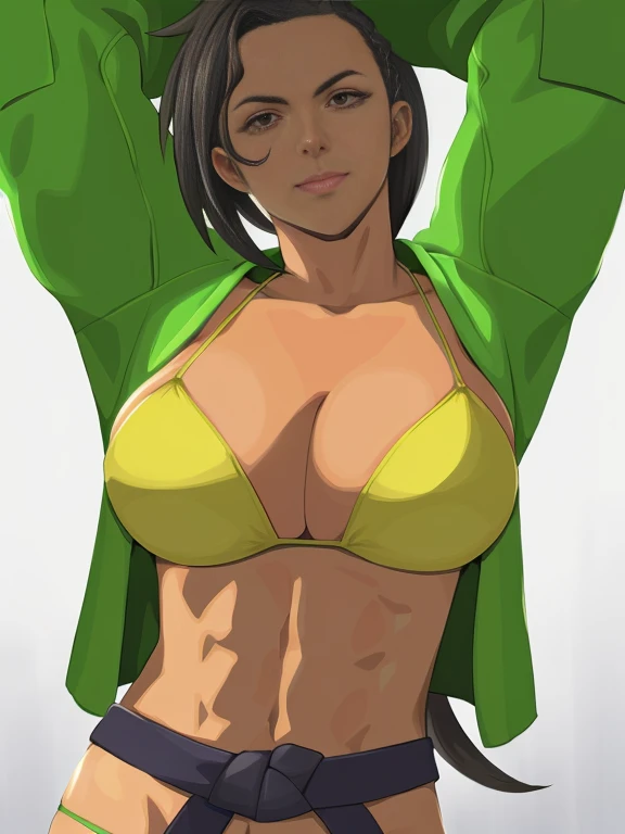 anime girl in a bikini with a green jacket and black belt, rogue anime girl, seductive anime girls, bikini,巨大boobgasm,boobgasm,muscle发达,muscle,Smile,female anime characters,Teethless