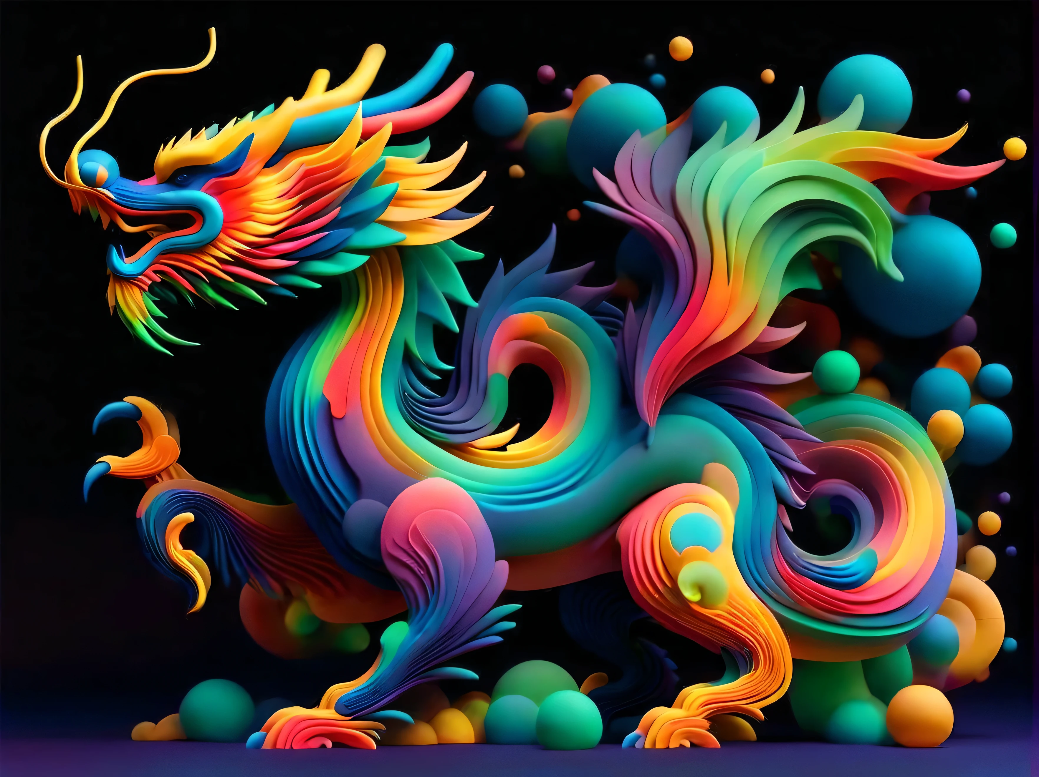 abstrgn dragon from a side view, minimalistic colourful organic forms, energy assembled, layered, depth, alive vibrant, 3D, abstract, full body, no humans, powerful claws, majestic tail, sweeping intricate horns, floating particles, eastern dragon, shadow, simple dark star-filled background