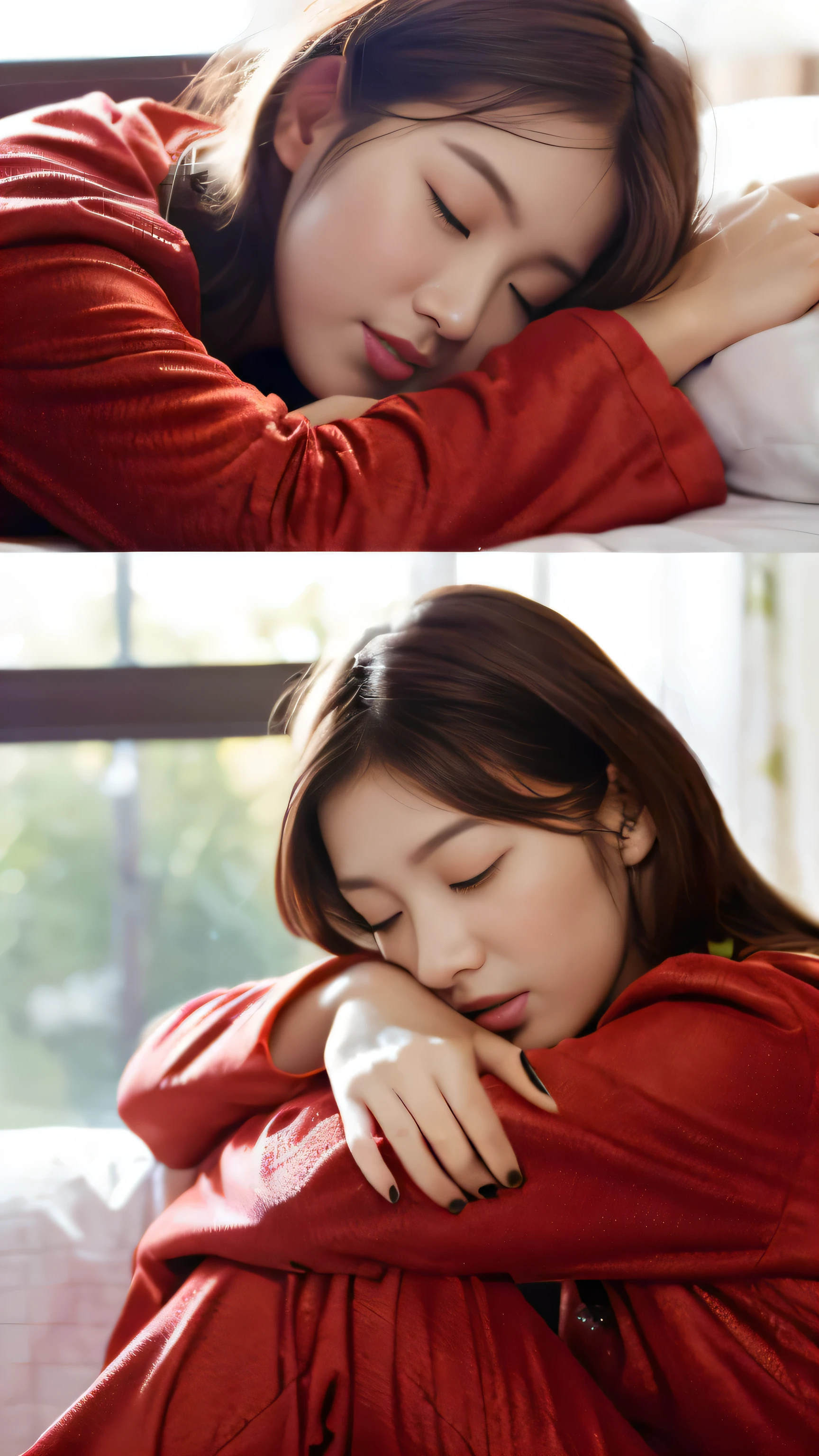 High-definition images、sleeping girl、22 years old、real、she is wearing long pants、she is wearing red pajamas、brown hair。facial details、Details of beautiful women、