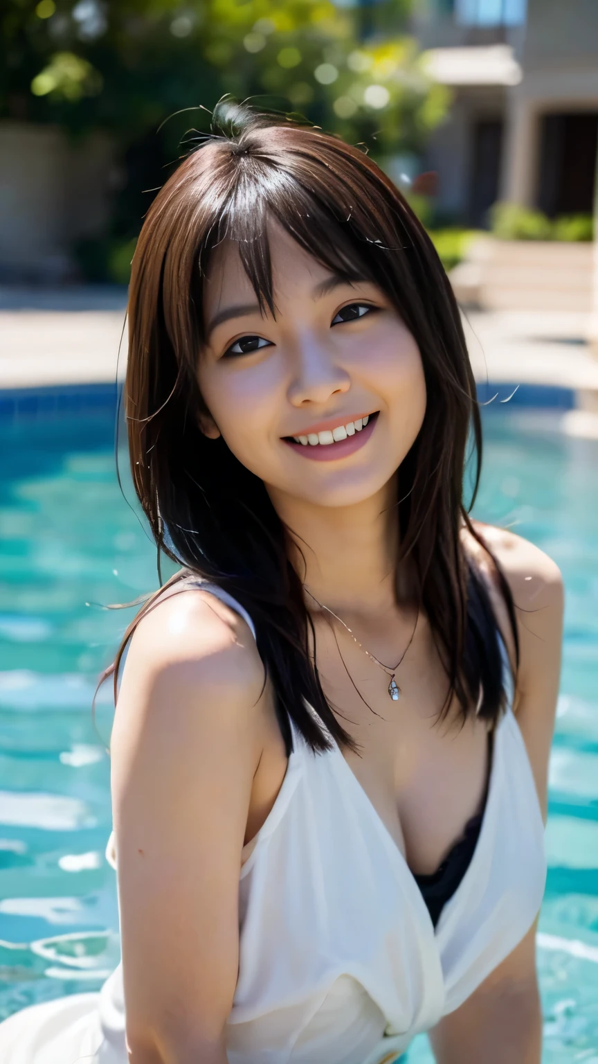 Masterpiece,(8k, RAW photo, best quality, masterpiece:1.2), (realistic, photo-realistic:1.4), (extremely detailed 8k wallpaper), sharp focus, depth of field, blur background, bokeh,Do not split,pool side,(Japanese Woman),20-year-old woman,Licking candy,short hair,Licking candy:1,5,(well-proportioned body shape:1.5),(bikini: 1.5),The whole body was photographed,sexy poses,smile