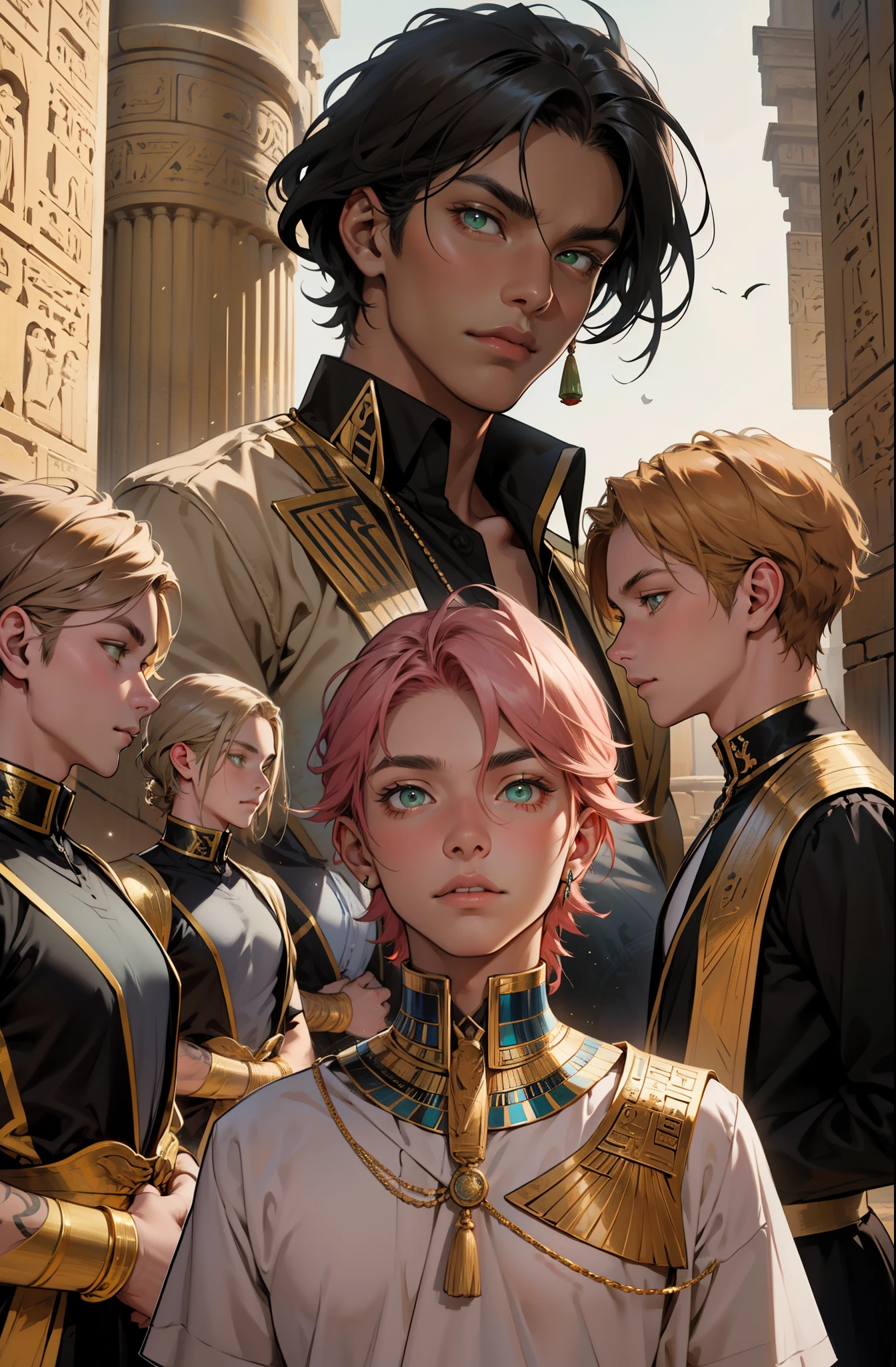 beautiful young man of 15 years old slim green eyes , He has a black moon tattoo on his neck, dark skin in the background, the ancient Egyptian 