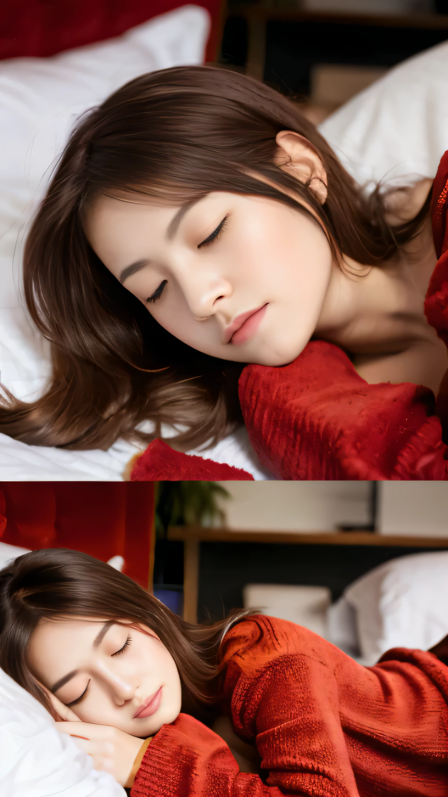 High-definition images、sleeping girl、22 years old、real、she is wearing long pants、she is wearing red pajamas、brown hair。facial details、Details of beautiful women、