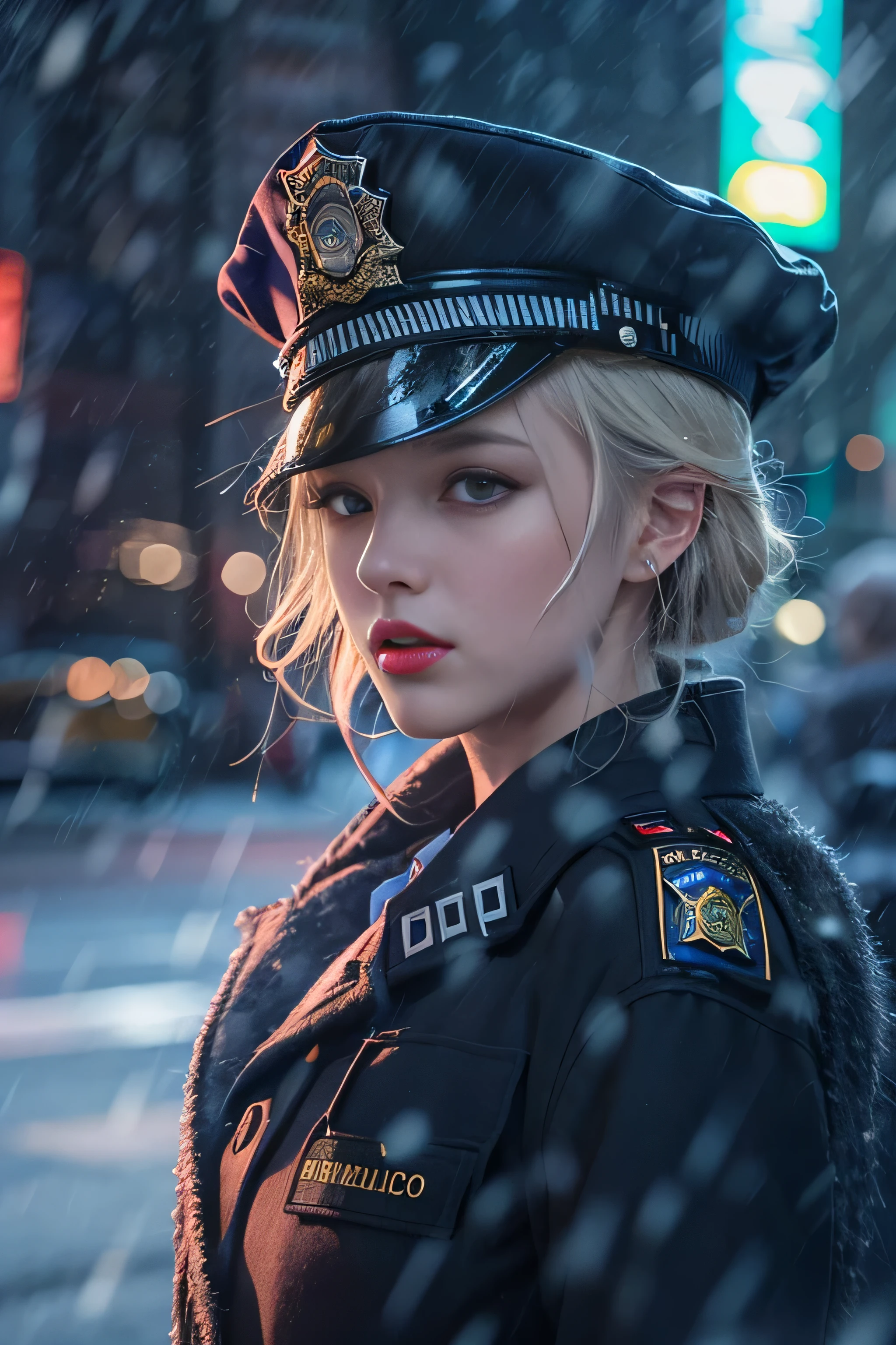 1 female、(american beauty:1.5)、(alone)、(super beautiful)、(beautiful face:1.5)、(detailed face:1.5)、(lipstick:1.1)、(eyeliner:1.2)、mascara、eye shadow、sex appeal、blue eyes、(blonde hair)、wavy hair、asymmetrical bangs、(new york police uniform:1.5)、(wear a uniform jacket:1.5)、(that'It's snowing:1.2)、street at night、Backlight、(medium shot:1.3)