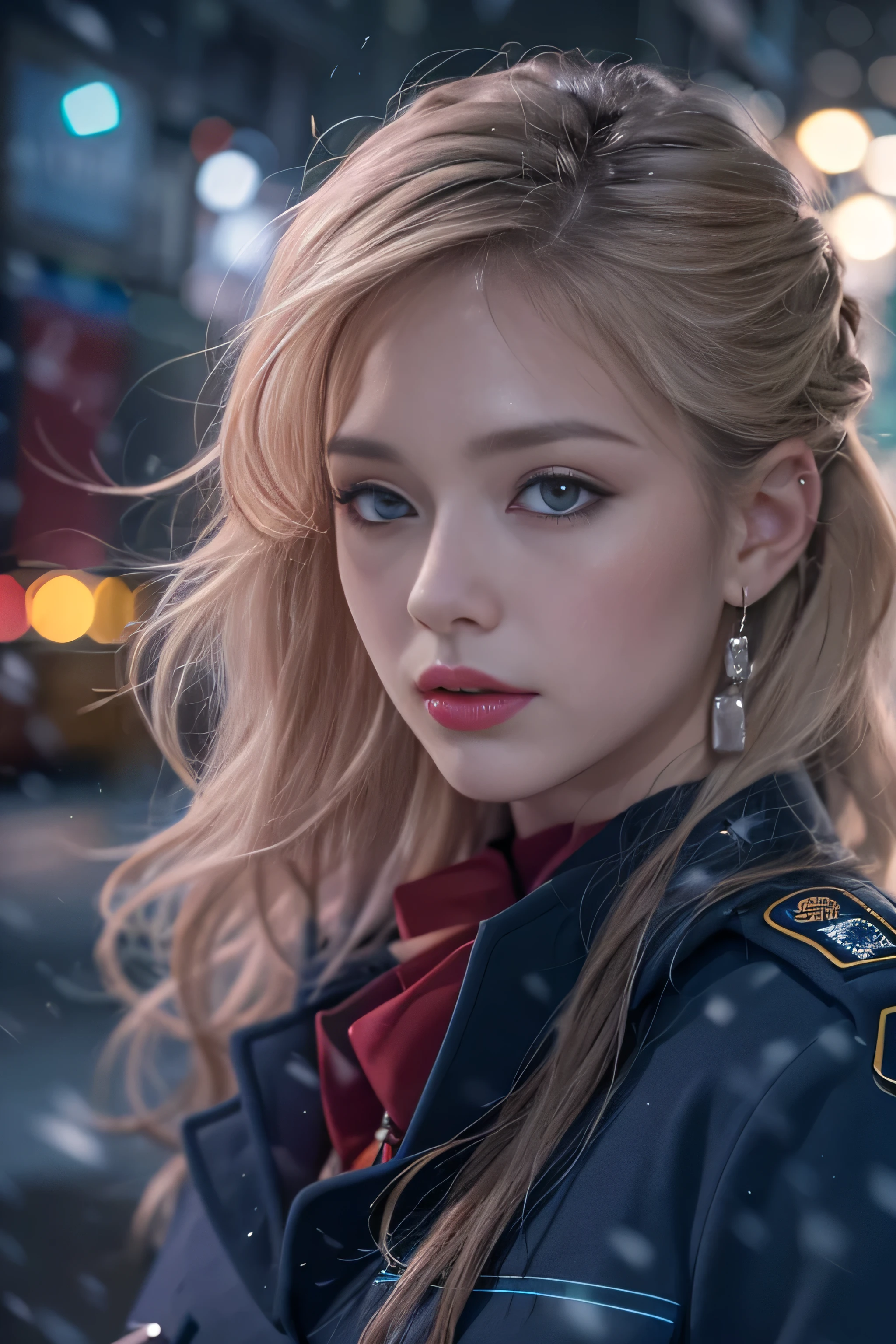 1 female、(american beauty:1.5)、(alone)、(super beautiful)、(beautiful face:1.5)、(detailed face:1.5)、(lipstick:1.1)、(eyeliner:1.2)、mascara、eye shadow、sex appeal、blue eyes、(blonde hair)、wavy hair、asymmetrical bangs、(new york police uniform:1.5)、(wear a uniform jacket:1.5)、(that'It's snowing:1.2)、street at night、Backlight、(medium shot:1.3)