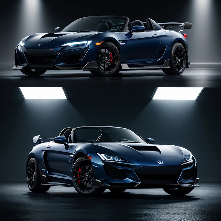 A dark blue Honda S2000 with futuristic design and off-road suspension. The car appears mysterious and sleek. The exterior is highlighted by the dark blue color, giving it a sense of elegance and sophistication. The suspension is enhanced for off-road adventures, making it capable of tackling any rugged terrain. The windows of the car are heavily tinted, and the interior cannot be seen from the outside, adding to the air of mystery surrounding the vehicle. The sleek and aerodynamic body of the car, combined with the futuristic design elements, creates a visually striking image. The overall image quality is of the highest standard, with ultra-detailed rendering and vivid colors. The lighting is carefully crafted to highlight the car's design and create a dramatic effect. The dark blue color theme adds a sense of coolness and sophistication to the scene.