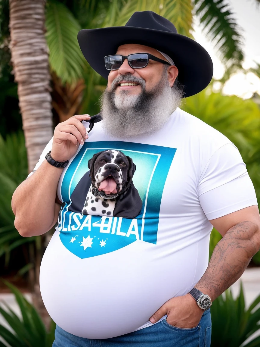 Uma luz amarelada de fim de tarde ilumina o corpo e o ambiente, Wear fashionable clothes with dog prints or puppy designs on the t-shirt,alta qualidade,altamente detalhado,cena intensa, solid, Gritty reality scenario for a 52 year old sexy and fat bearded man full of sweat full body big belly only he is wearing prescription glasses or Sport glasses in the image, barbudo, barba cheia, barba longa
, smiling Laughing expression of great happiness, wearing a hat or wearing a hat on the head, ((ele usa apenas no corpo cueca box com detalhes branco)),rosto atordoado,Abra as pernas, Florida square environment luxurious outdoor place, He walks his English Cocker Spaniel or English Bulldog, Dalmatians, collie, Maltese, he affectionately holds the dog in his arm or holds him petting him on his lap.