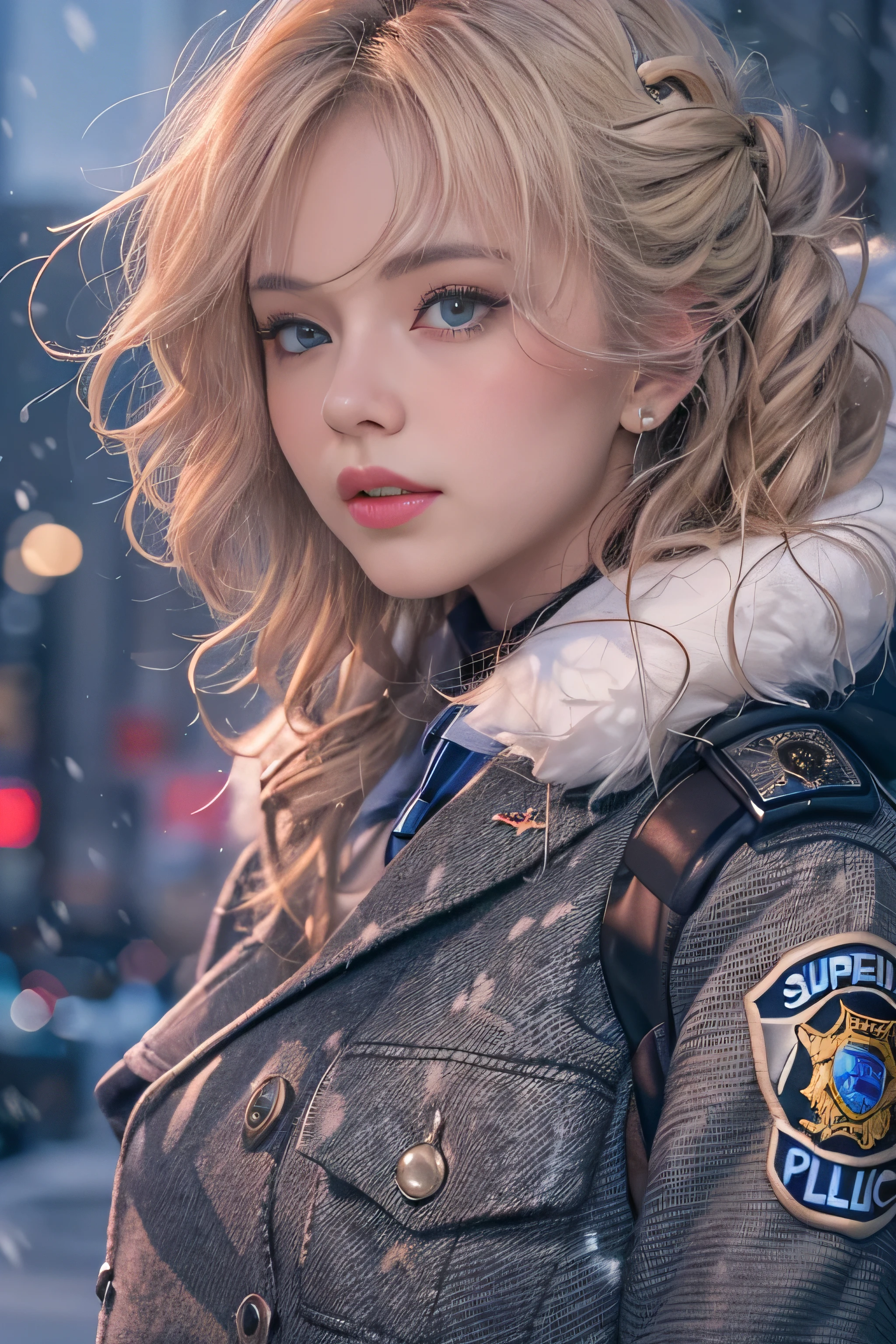 1 female、(american beauty:1.5)、(alone)、(super beautiful)、(beautiful face:1.5)、(detailed face:1.5)、(lipstick:1.1)、(eyeliner:1.2)、mascara、eye shadow、sex appeal、blue eyes、(blonde hair)、wavy hair、asymmetrical bangs、(new york police uniform:1.5)、(wear a uniform jacket:1.5)、(that&#39;It&#39;s snowing:1.2)、street at night、Backlight、(medium shot:1.3)