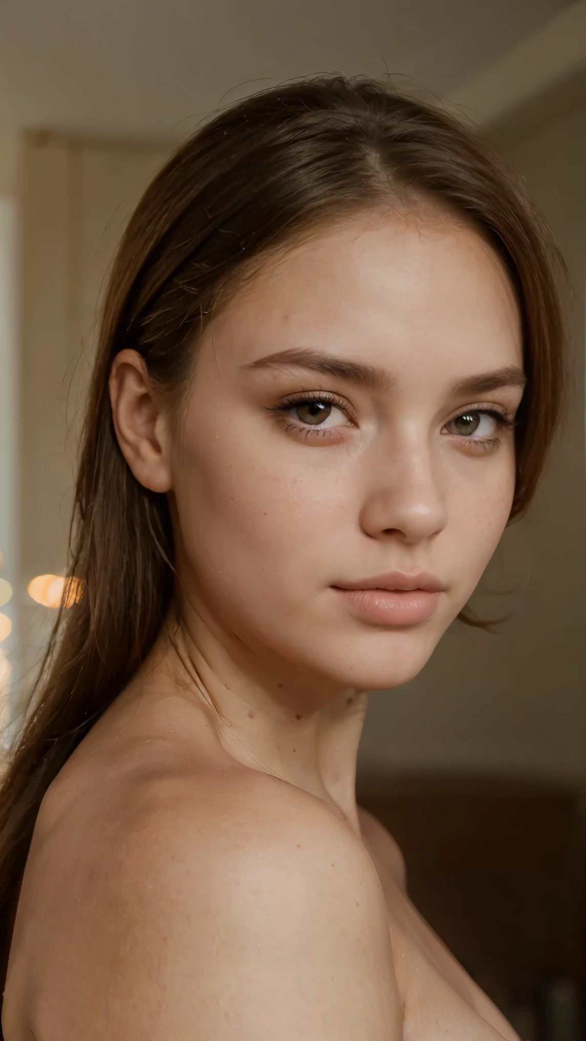 1 realistic woman, 25 years old, attractive face, full pink lips, freckles on her nose, thin, defined, sexy body, looking at the camera, hazel-green eyes, slightly rounded chin, detailed face, 4k, ((realistic woman)), straight hair, black, fair skin, beautiful, elegant, (face), blurred background, ((focus on face))