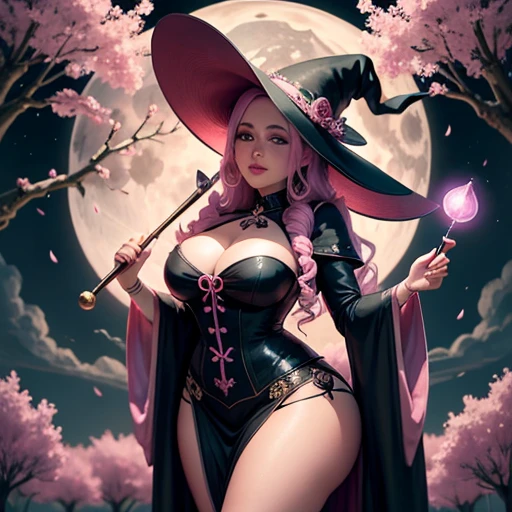 Curvy witch with a hrand hat carrying a magic wand in a background of pink cherry tree and full moon