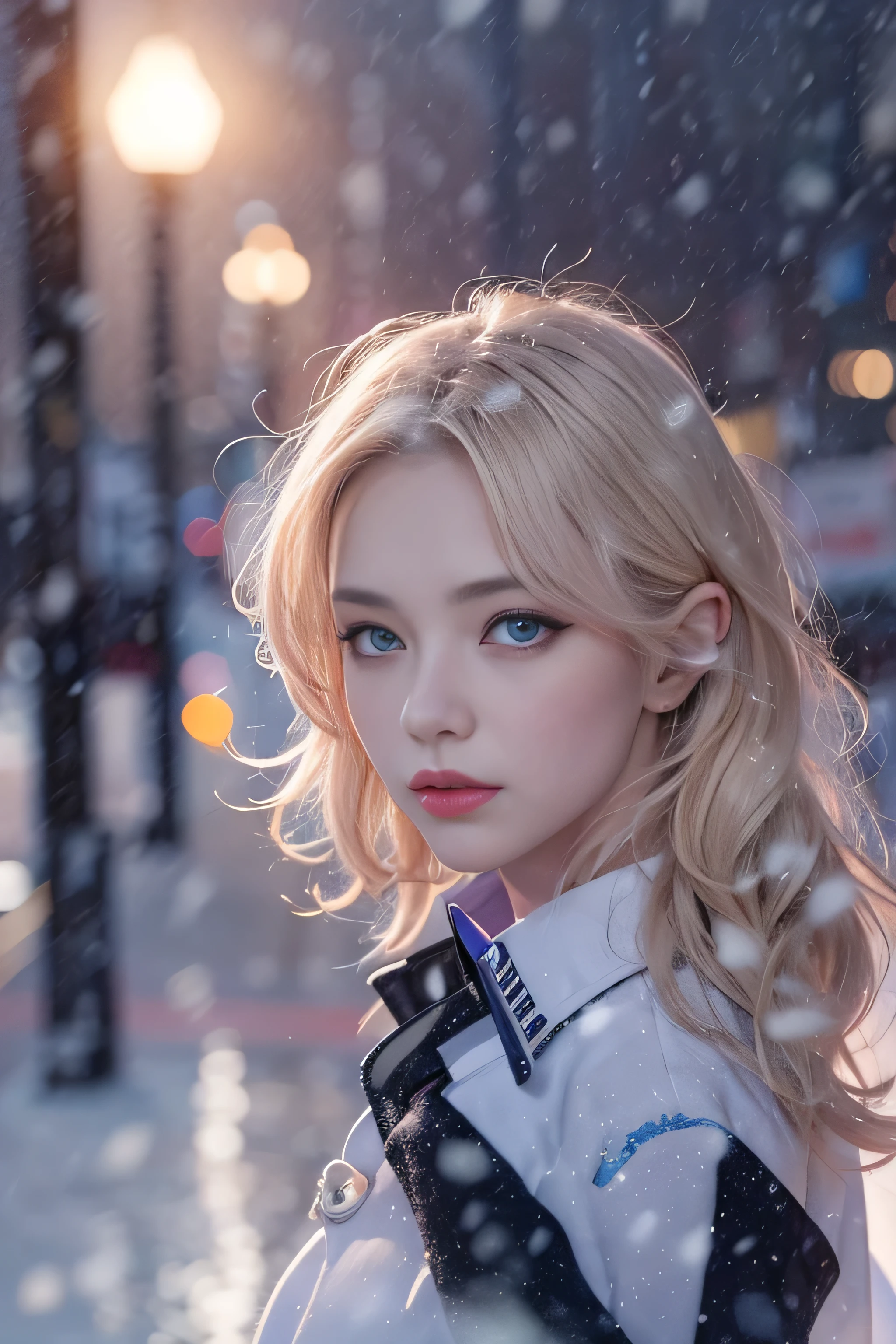 1 female、(american beauty:1.5)、(alone)、(super beautiful)、(beautiful face:1.5)、(detailed face:1.5)、(lipstick:1.1)、(eyeliner:1.2)、mascara、eye shadow、sex appeal、blue eyes、(blonde hair)、wavy hair、asymmetrical bangs、(new york police uniform:1.5)、(wear a uniform jacket:1.5)、(that'It's snowing:1.2)、street at night、Backlight、(medium shot:1.3)