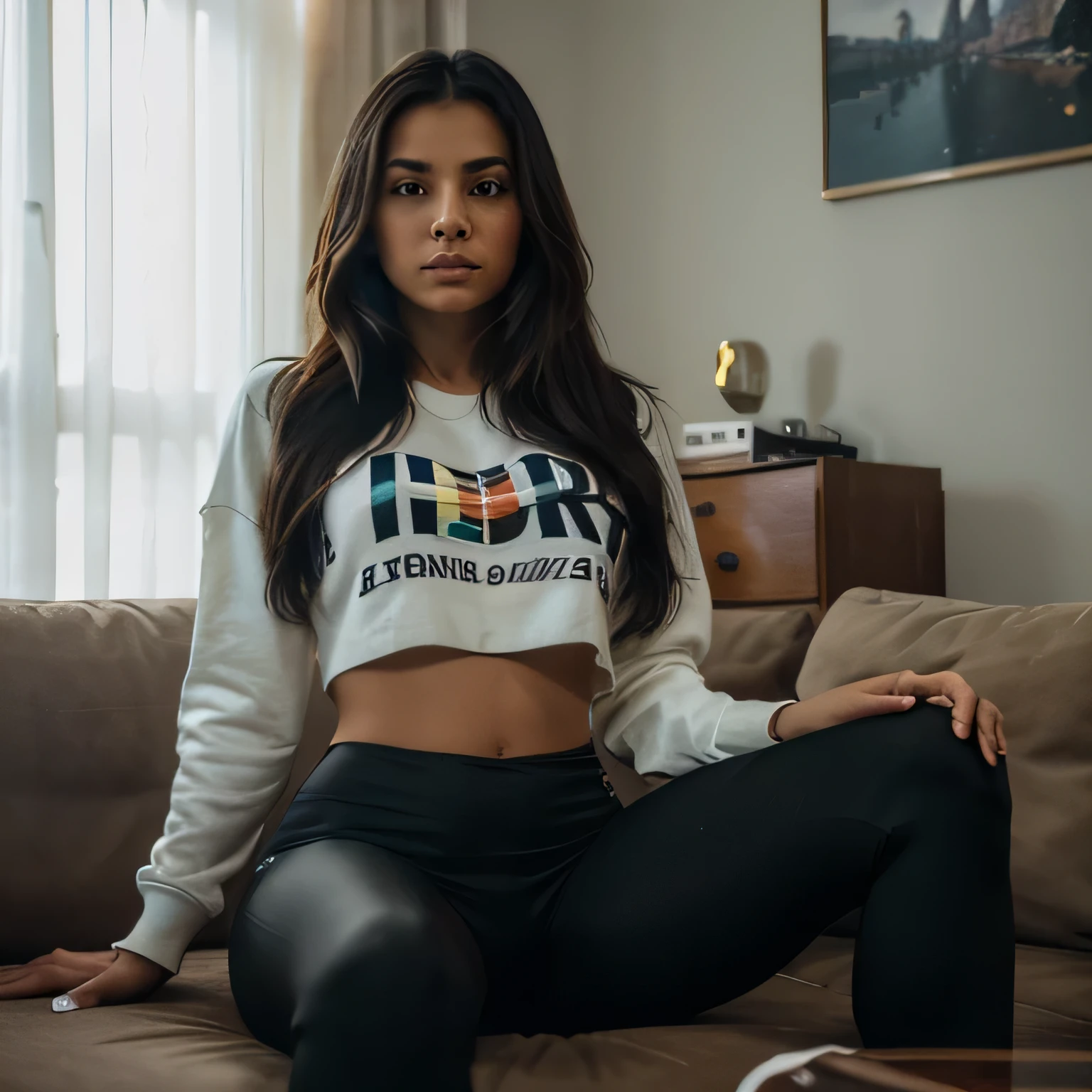 Influenceuse cheveux rose, legging noir, t-shirt noir moulants, Domaine, elegant, diamant, visage parfait