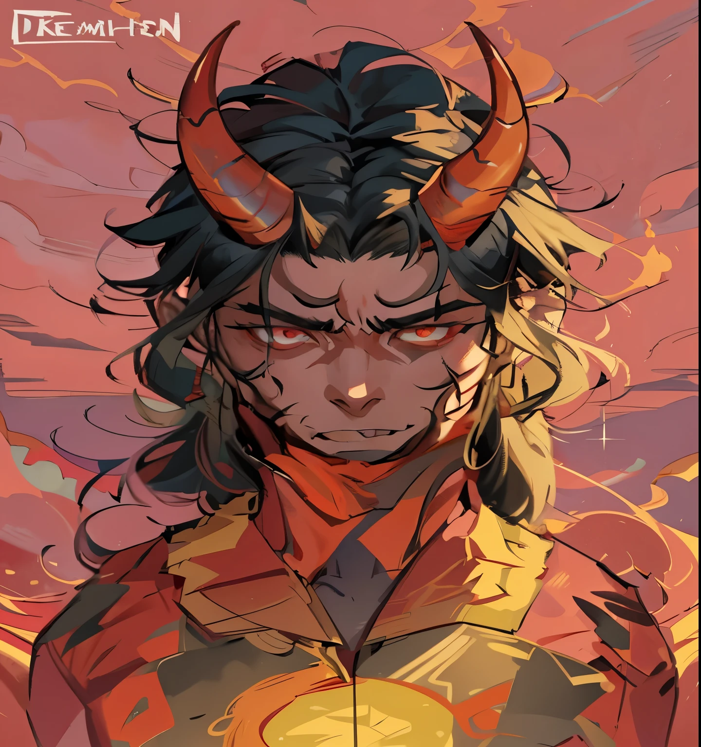 a drawing of a man with horns and a red shirt, handsome guy in demon slayer art, handsome japanese demon boy, demon slayer artstyle, demon slayer rui fanart, keqing from genshin impact, the former demon king, tiefling, oni horns, demon boy, with horns, demon male, he's very menacing and evil, fire behind him
