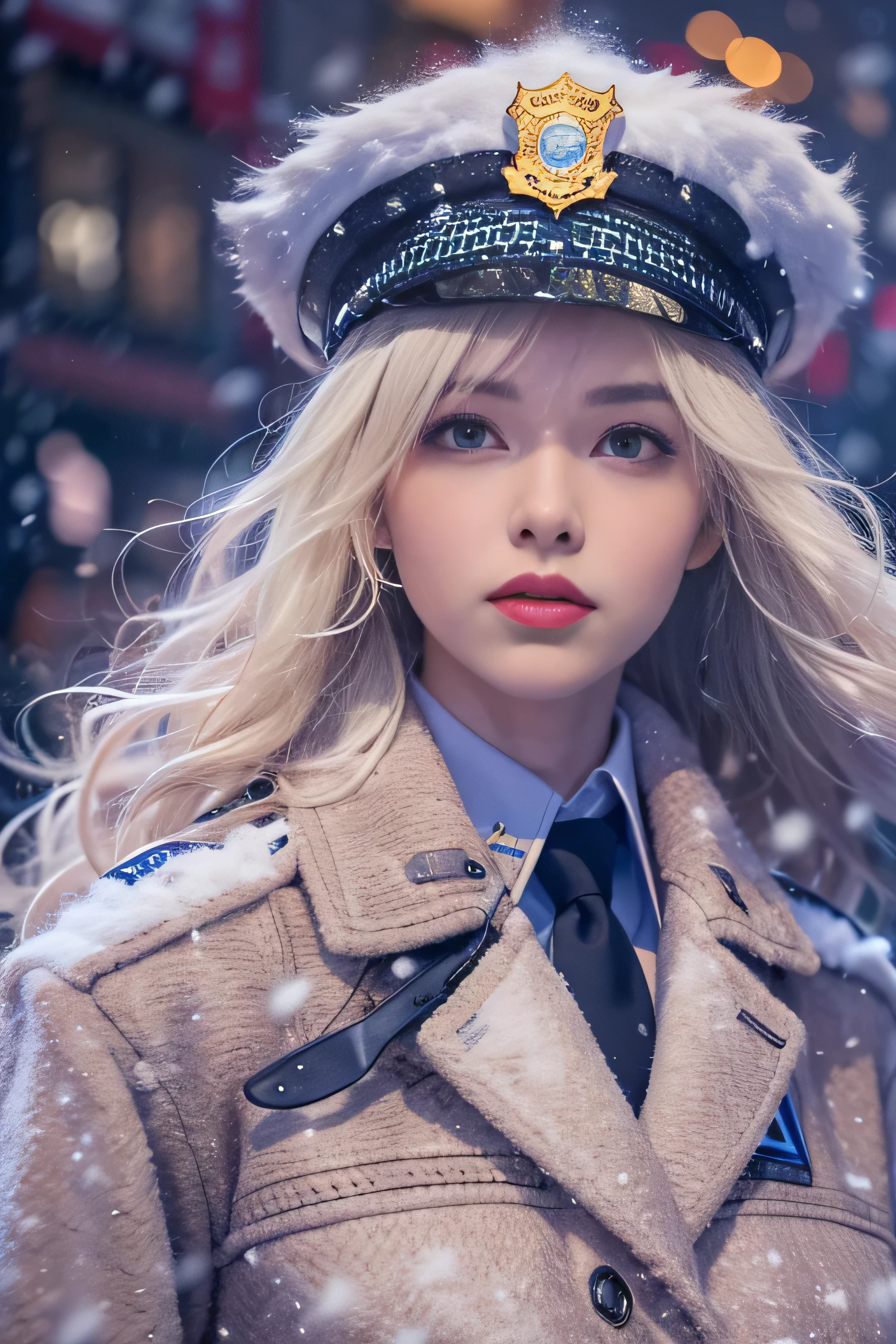 1 female、(american beauty:1.5)、(alone)、(super beautiful)、(beautiful face:1.5)、(detailed face:1.5)、(lipstick:1.1)、(eyeliner:1.2)、mascara、eye shadow、sex appeal、blue eyes、(blonde hair)、wavy hair、asymmetrical bangs、(new york police uniform:1.5)、(wear a uniform jacket:1.5)、(that'It's snowing:1.2)、street at night、Backlight、(medium shot:1.3)