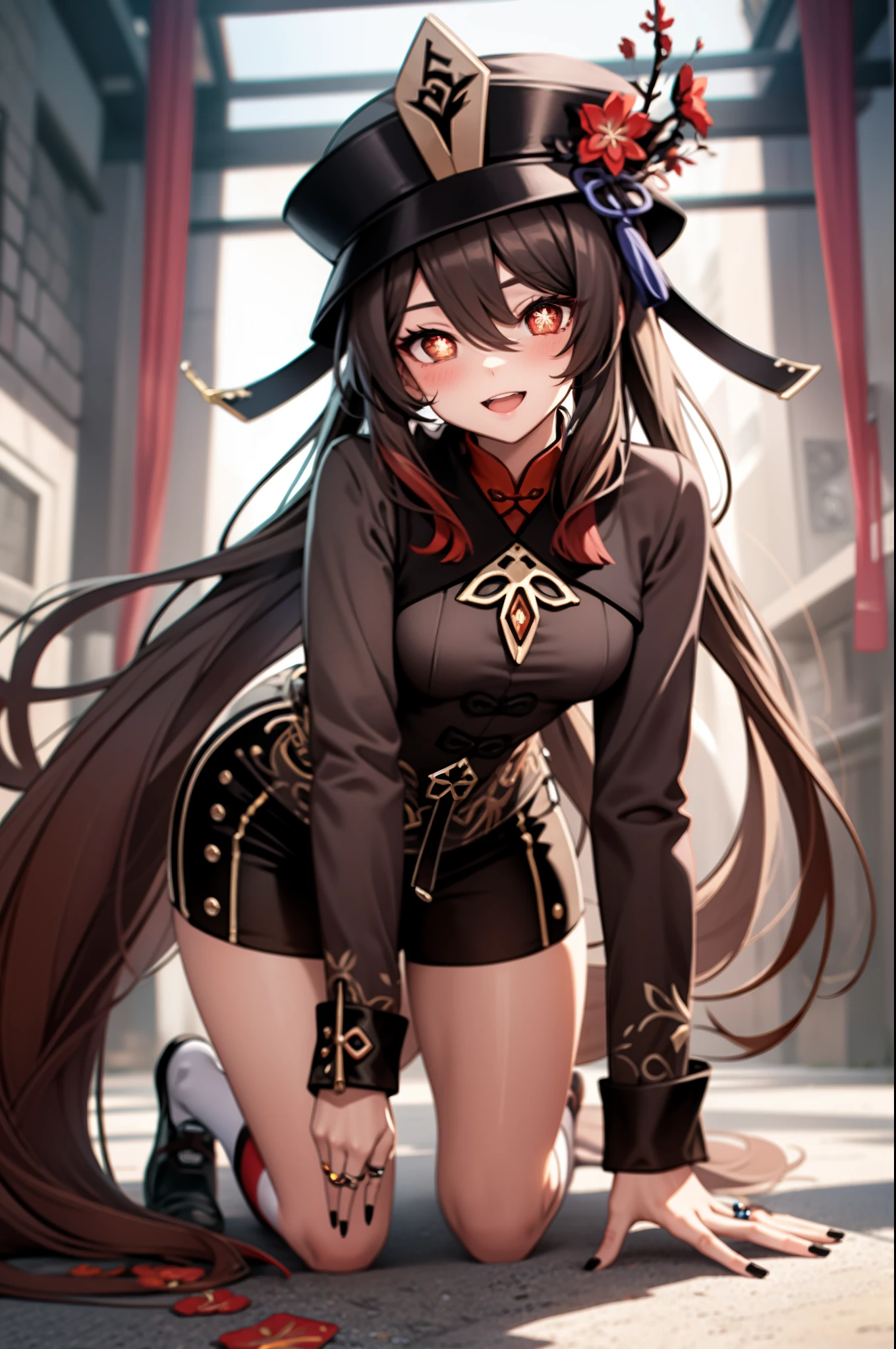 masterpiece, best quality, HuTaoV4, 1girl, solo, looking at viewer, symbol-shaped pupils, flower shaped pupils, blush, smile, open mouth, long sleeves, hat, jewelry, flower, thighs, shorts, socks, nail polish, black headwear, chinese clothes, black shorts, ring, all fours, black nails, hat flower,