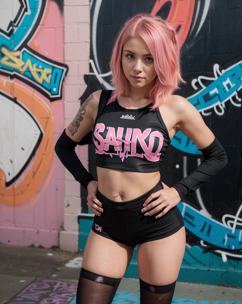 Nina, a 26-year-old South African, stands at 5'10" with a slender yet athletic physique. Her shoulder-length coral-pink hair and piercing gray eyes reflect her bold personality. She is in skatepark. Nina wears a tight black and pink skate outfit. The vibrant graffiti-covered walls and ramps of the skatepark.