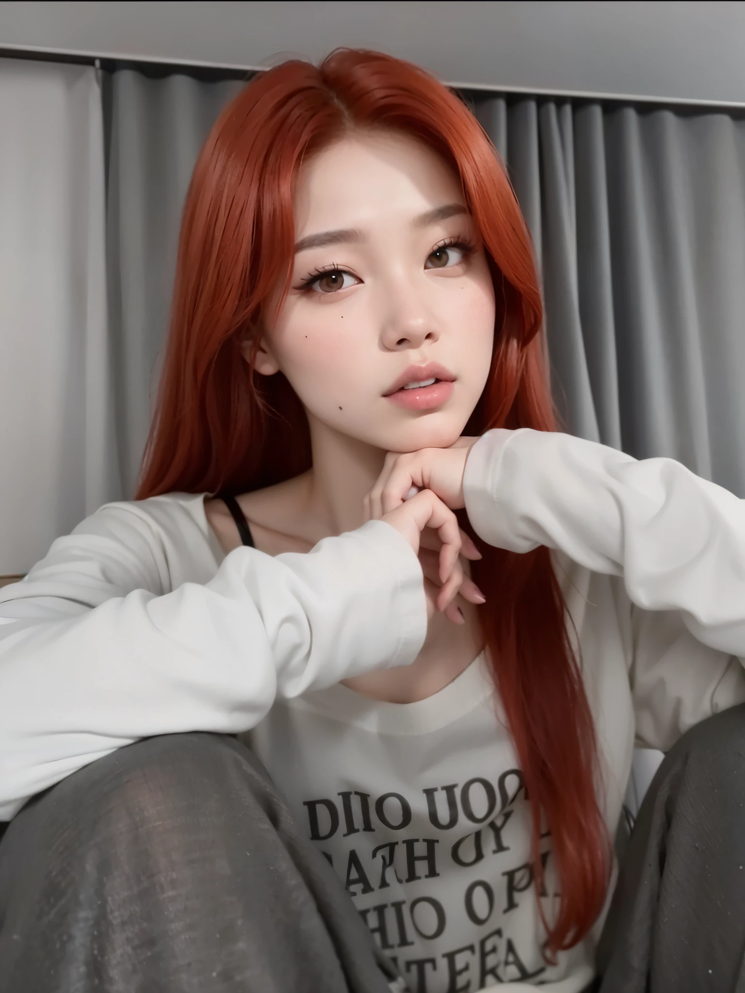 arafed woman with red hair sitting on a couch with her hand on her chin, she has long redorange hair, roseanne park of blackpink, portrait of jossi of blackpink, with red hair, korean girl, she has long orange brown hair, sun yunjoo, jossi of blackpink, jinyoung shin, she has red hair, ulzzang, Rose blackpink, Jennie blackpink, Jossie