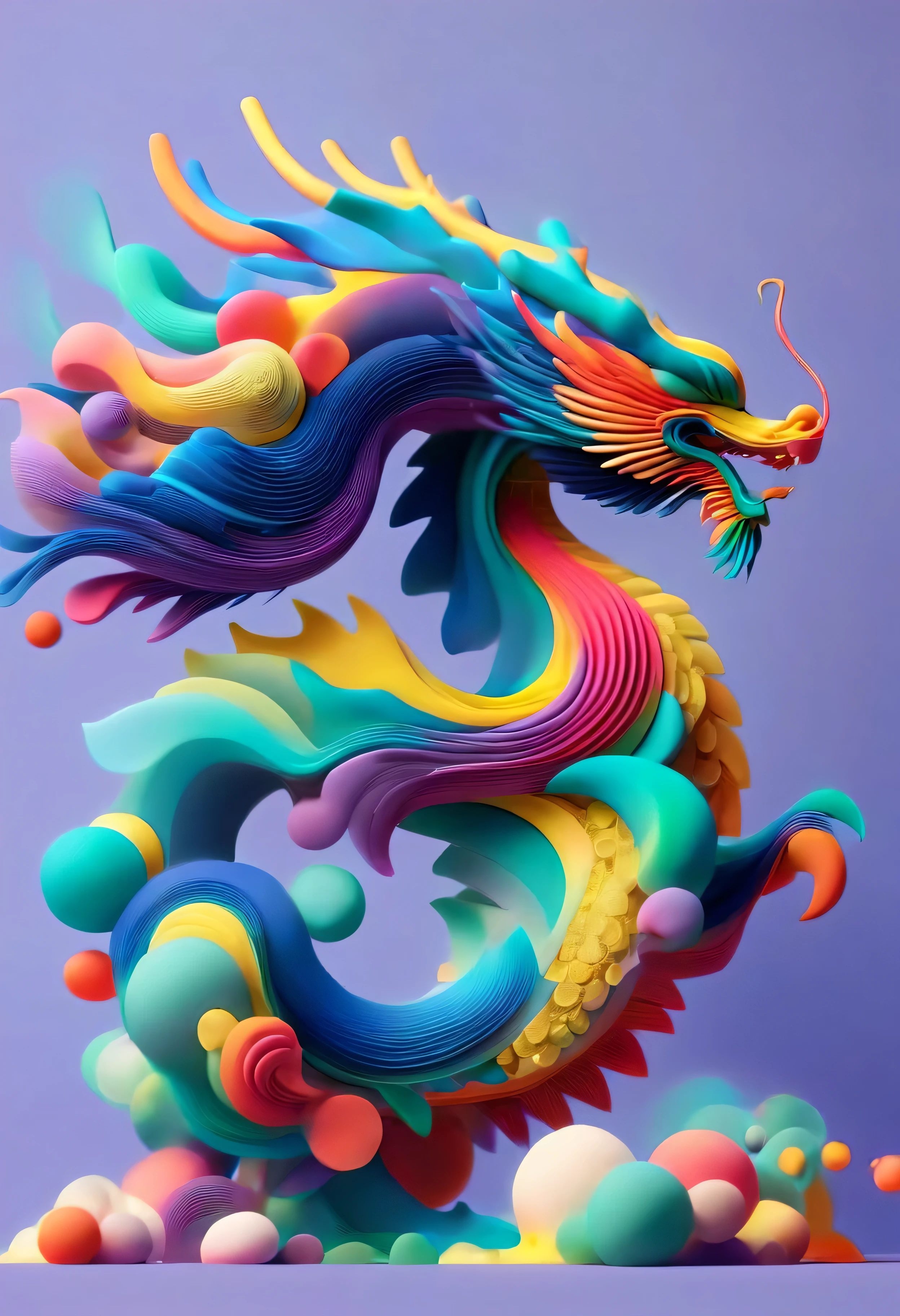 dragon from a side view, minimalistic colourful organic forms, energy assembled, layered, depth, alive vibrant, 3D, abstract, full body, no humans, powerful claws, majestic tail, sweeping intricate horns, floating particles, eastern dragon, shadow