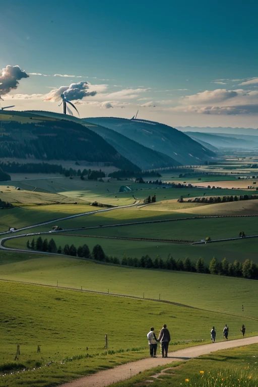 A picturesque panorama of Grüntal, die Sonne geht gerade auf und taucht die Stadt in warmes Licht. The majestic wind turbines are in the foreground, die sich sanft im Morgenwind drehen. People happily walk through green parks, und das Bild strahlt Frieden, Community and the beauty of green energy.