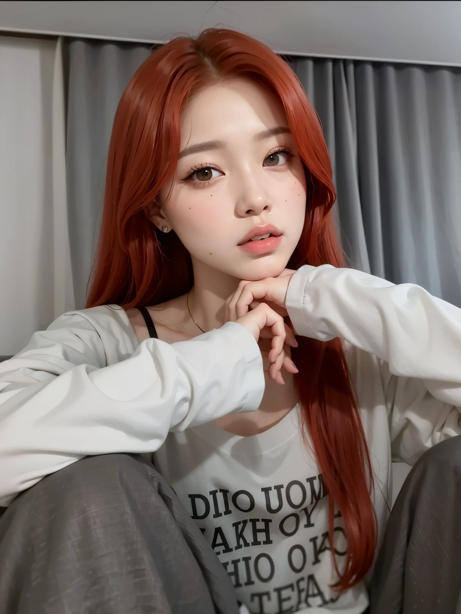 arafed woman with red hair sitting on a couch with her hand on her chin, she has long redorange hair, roseanne park of blackpink, portrait of jossi of blackpink, with red hair, korean girl, she has long orange brown hair, sun yunjoo, jossi of blackpink, jinyoung shin, she has red hair, ulzzang, Rose blackpink, Jennie blackpink, Jossie