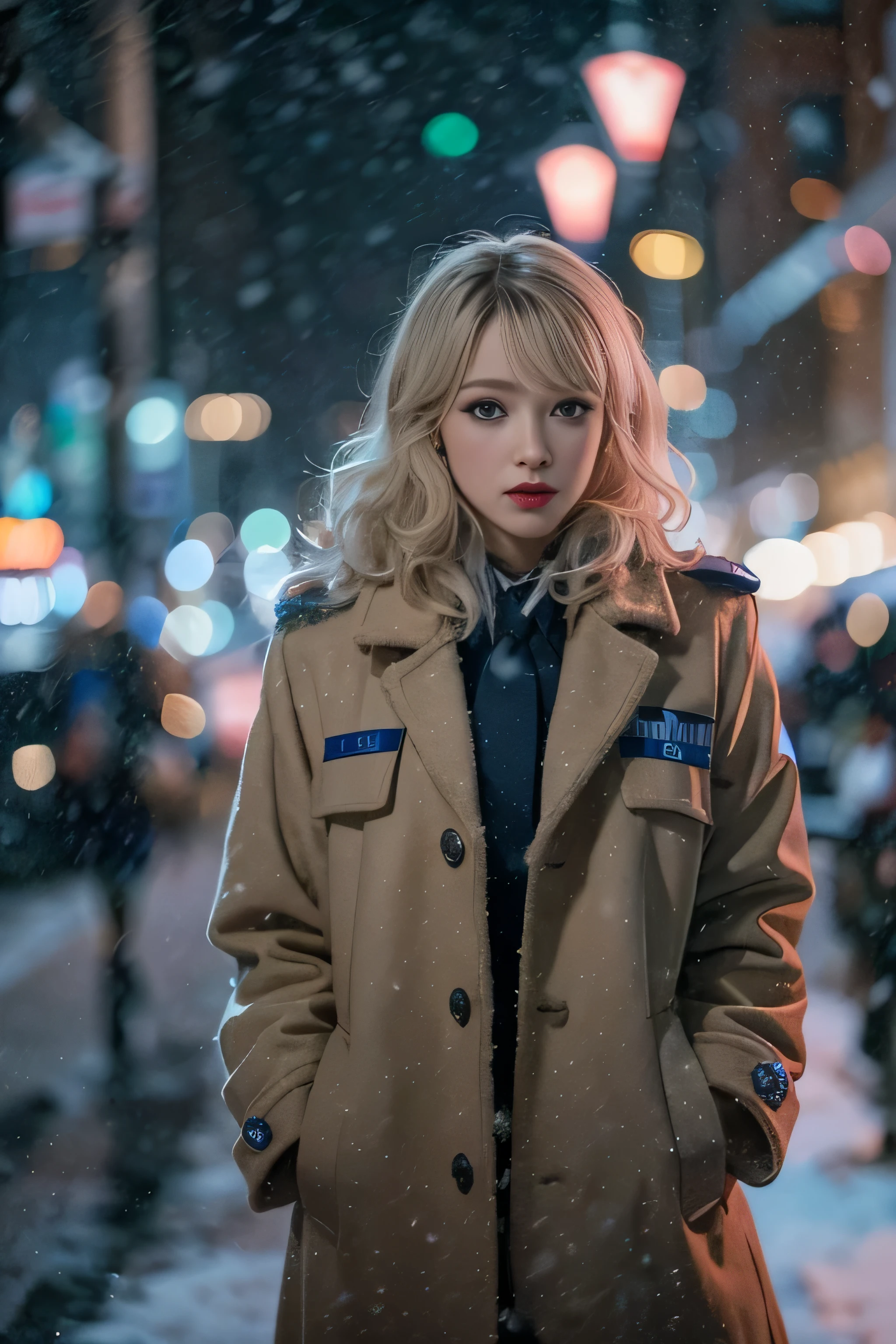 1 female、(american beauty:1.5)、(alone)、(super beautiful)、(beautiful face:1.5)、(detailed face:1.5)、(lipstick:1.1)、(eyeliner:1.2)、mascara、eye shadow、sex appeal、blue eyes、(blonde hair)、wavy hair、asymmetrical bangs、(new york police uniform:1.5)、(wear a uniform jacket:1.5)、(that'It's snowing:1.2)、street at night、Backlight、(medium shot:1.3)