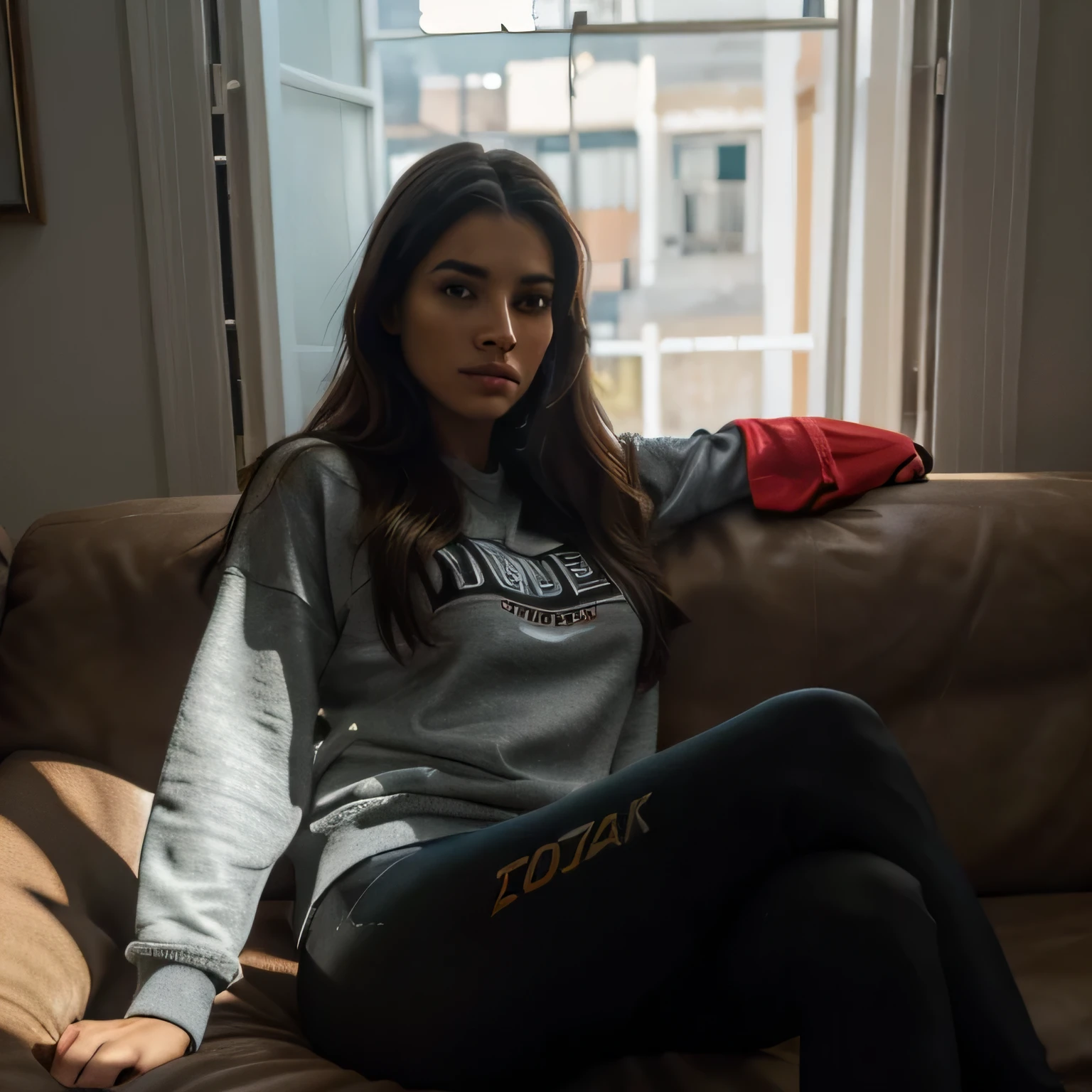 Gorgeous young spanish woman, in her living room, on a sofa, wearing a legging, and a sweatshirt, full body, beautiful face, masterpiece,  best quality, ultra-detailed, solo, shadows contrast, cinematic light, side lighting,  ultra high resolution, best shadow, RAW, 4k, 85mm, poca profundidad de campo, kodak vision color, extrem adamente detallado, Cinematographer_\(ultra\), photoreallistic, realstic, Postproceso, Maximum details, asper eza, vida real, ultra realista, fotorrealismo, Cinematographer, 8k UHD, Cinematographer
