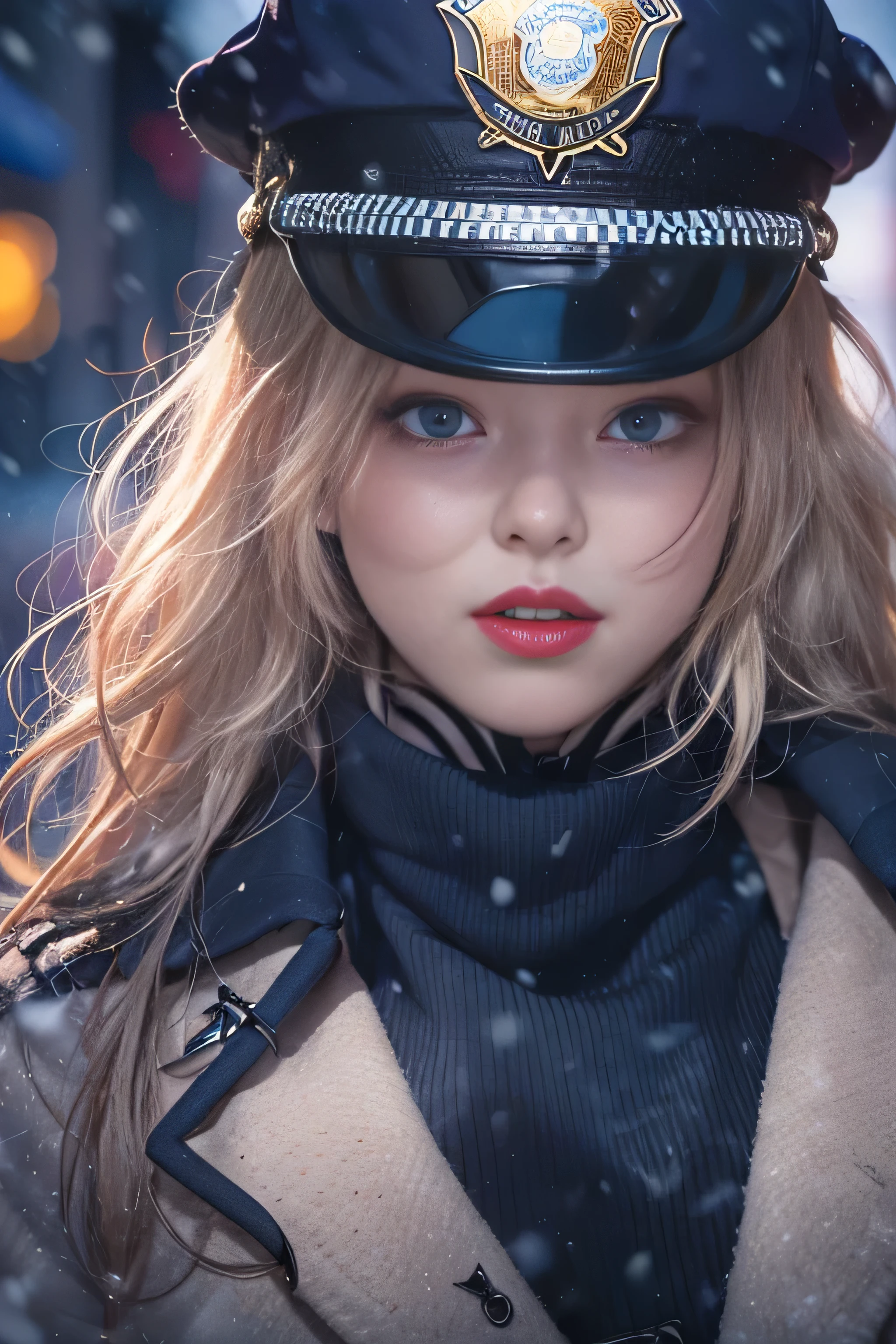 1 female、(american beauty:1.5)、(alone)、(super beautiful)、(beautiful face:1.5)、(detailed face:1.5)、(lipstick:1.1)、(eyeliner:1.2)、mascara、eye shadow、sex appeal、blue eyes、(blonde hair)、wavy hair、asymmetrical bangs、(new york police uniform:1.5)、(wear a uniform jacket:1.5)、(that'It's snowing:1.2)、street at night、Backlight、(medium shot:1.3)