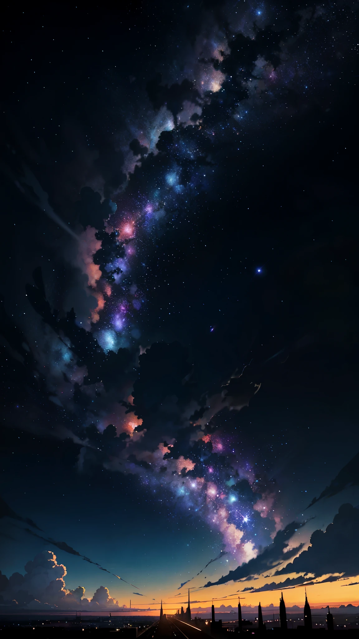 Summer, Makoto Shinkai's concept art, Night, Starry sky, Galaxy, magical realism, beautiful anime scene, Beautiful sky. by makoto shinkai, ((By Shinkai Makoto)), Anime Background Art, Anime Background, Shinkai Makoto style, anime movie background, Galaxy Express, No humans.